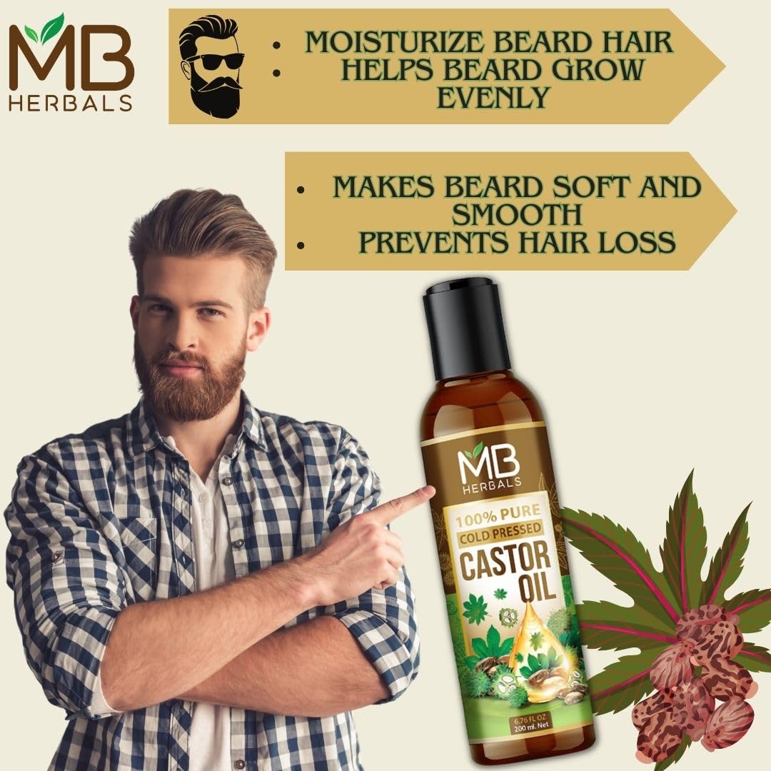 MB Herbals 100% Pure Cold Pressed Castor Oil for Hair Growth, Skin Care & Nail Strength - Natural Beard Growth Treatment - 200ml - Perfect for Daily Hair & Skin Routine, DIY Beauty Recipes & Eyelash Enhancement