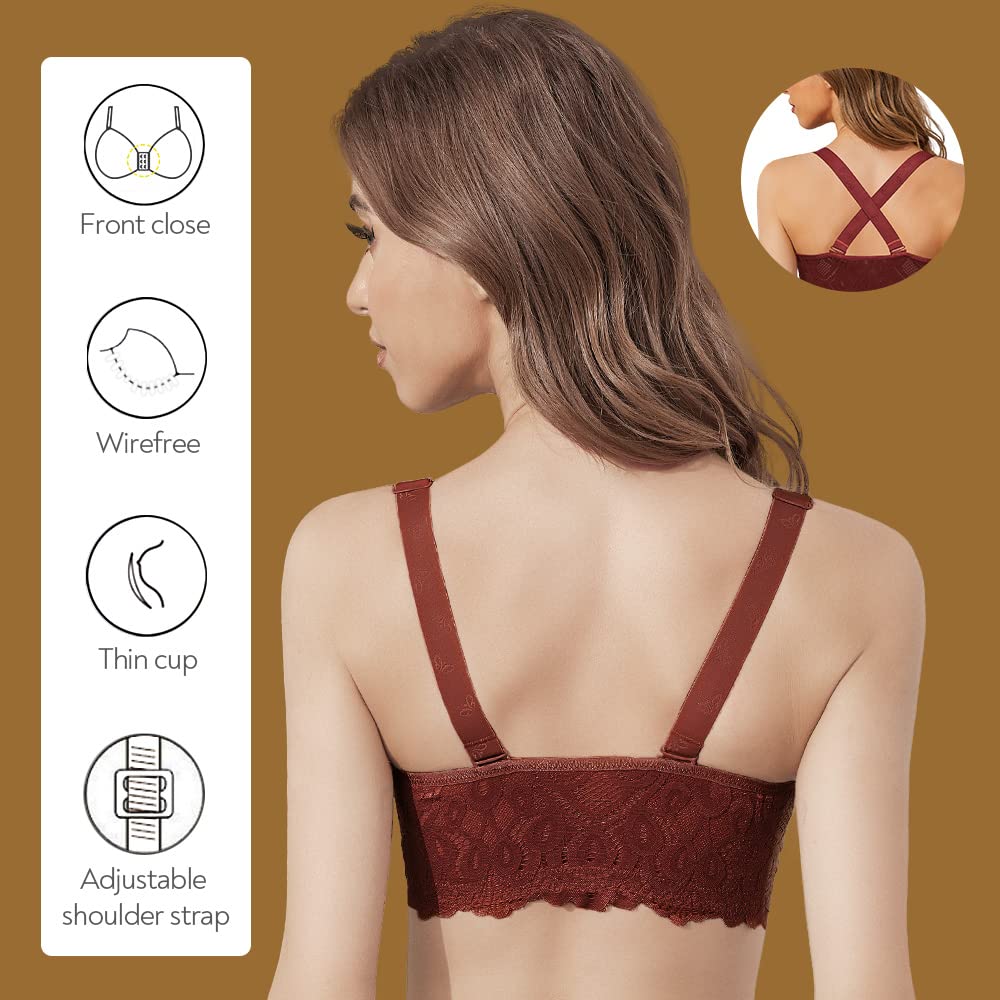 FallSweet Wireless Front Close Comfort Bra for Women - Lace Full Coverage Brassiere - Perfect for Everyday Wear, Yoga & Lounge
