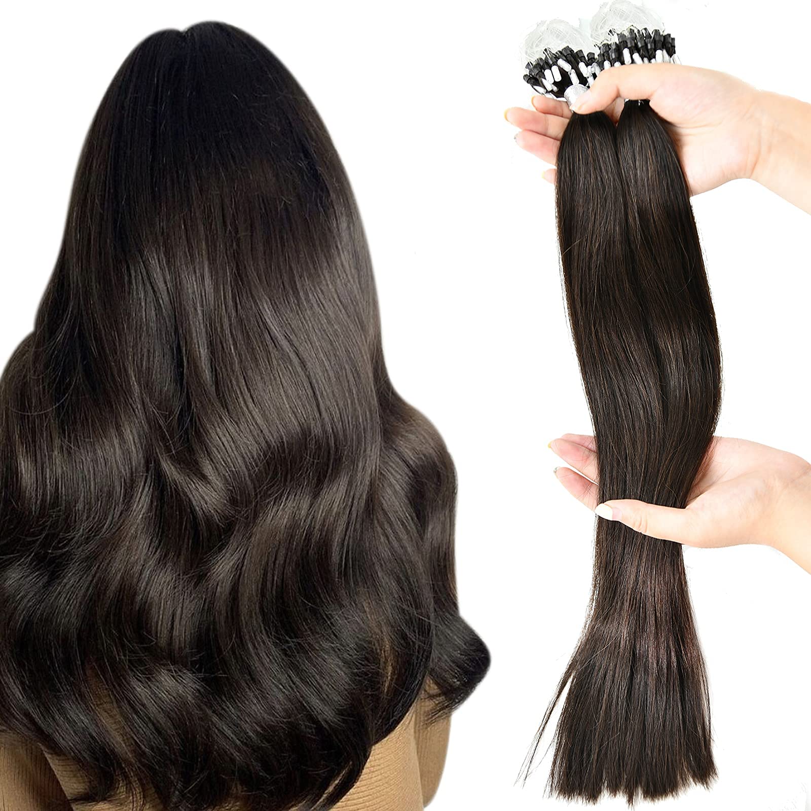 22 Inch 100% Human Hair Micro Loop Extensions - Remy Soft Straight Hair #2 Darkest Brown - 50 Strands (50g) | Perfect for Length & Volume, Styling, Parties & Everyday Wear