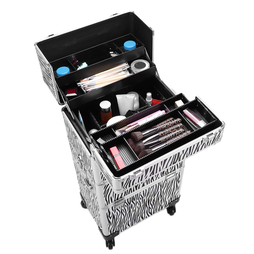 3 in 1 Professional Rolling Train Case - Aluminum Makeup Train Case with 4 Removable Wheels & Lockable Keys | Multifunctional Cosmetic Organizer for Artists, Makeup Professionals & Travel | White Zebra Design