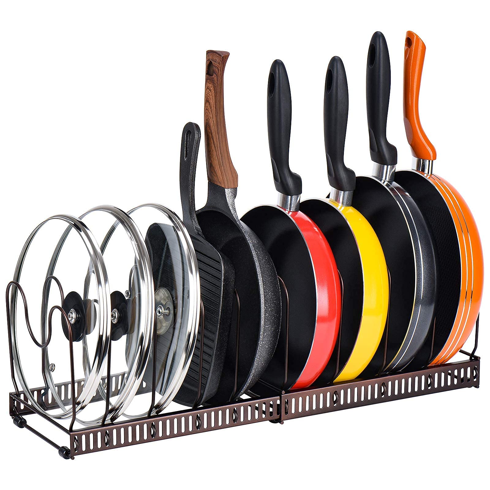 Toplife Adjustable 3-in-1 Kitchen Organizer Rack - Holds 7 Lids, 10 Bakeware & 1 Pan - Space Saving Cabinet & Counter Storage Solution for Pots, Pans & Kitchen Accessories - Perfect for Small Kitchens & Organized Cooking Spaces (Brown)