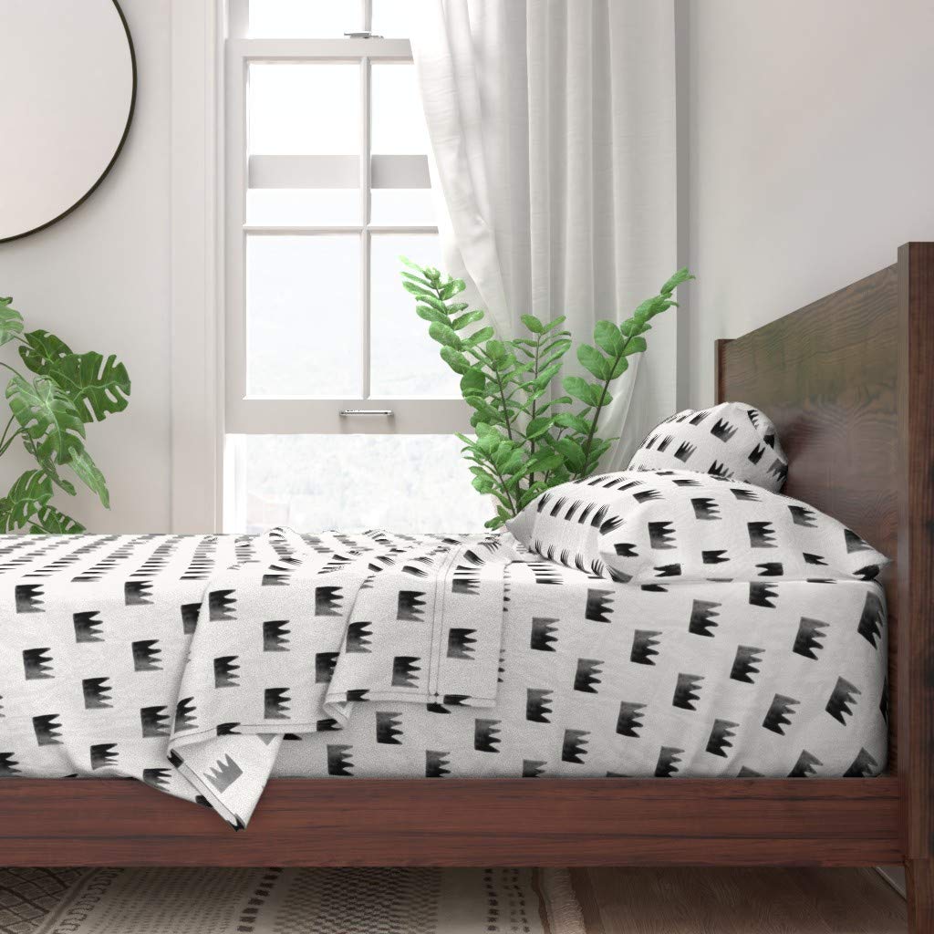 Watercolor Crowns Monochrome Black & White 100% Cotton Queen 4-Piece Sheet Set | Soft Breathable Bedding for Nursery, Guest Room & Modern Home Decor | Gender Neutral Hipster Design by Spoonflower