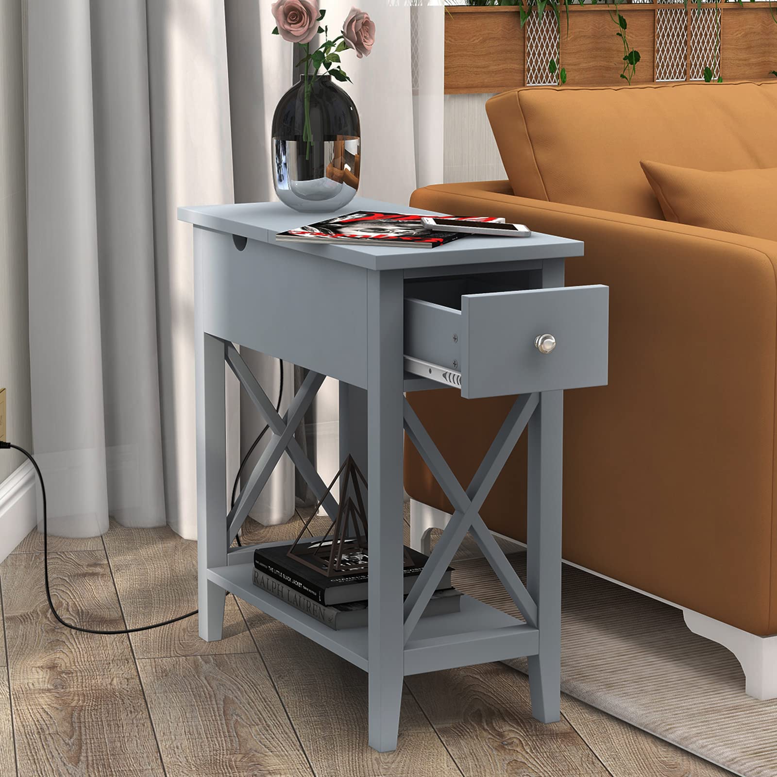 ChooChoo Narrow End Table with Charging Station - USB Ports & Outlets, Small Space Nightstand with Drawer - Perfect for Bedroom, Living Room & Office - Modern Grey Side Table for Convenient Device Charging & Storage