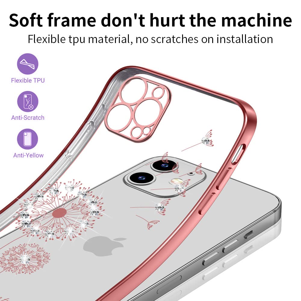 ZCDAYE iPhone 13 Pro Max Case (6.7 inch) - Dandelion Electroplated Diamond Rose Gold Transparent TPU Shockproof Protective Cover | Slim Soft Case for Everyday Use, Work & Travel