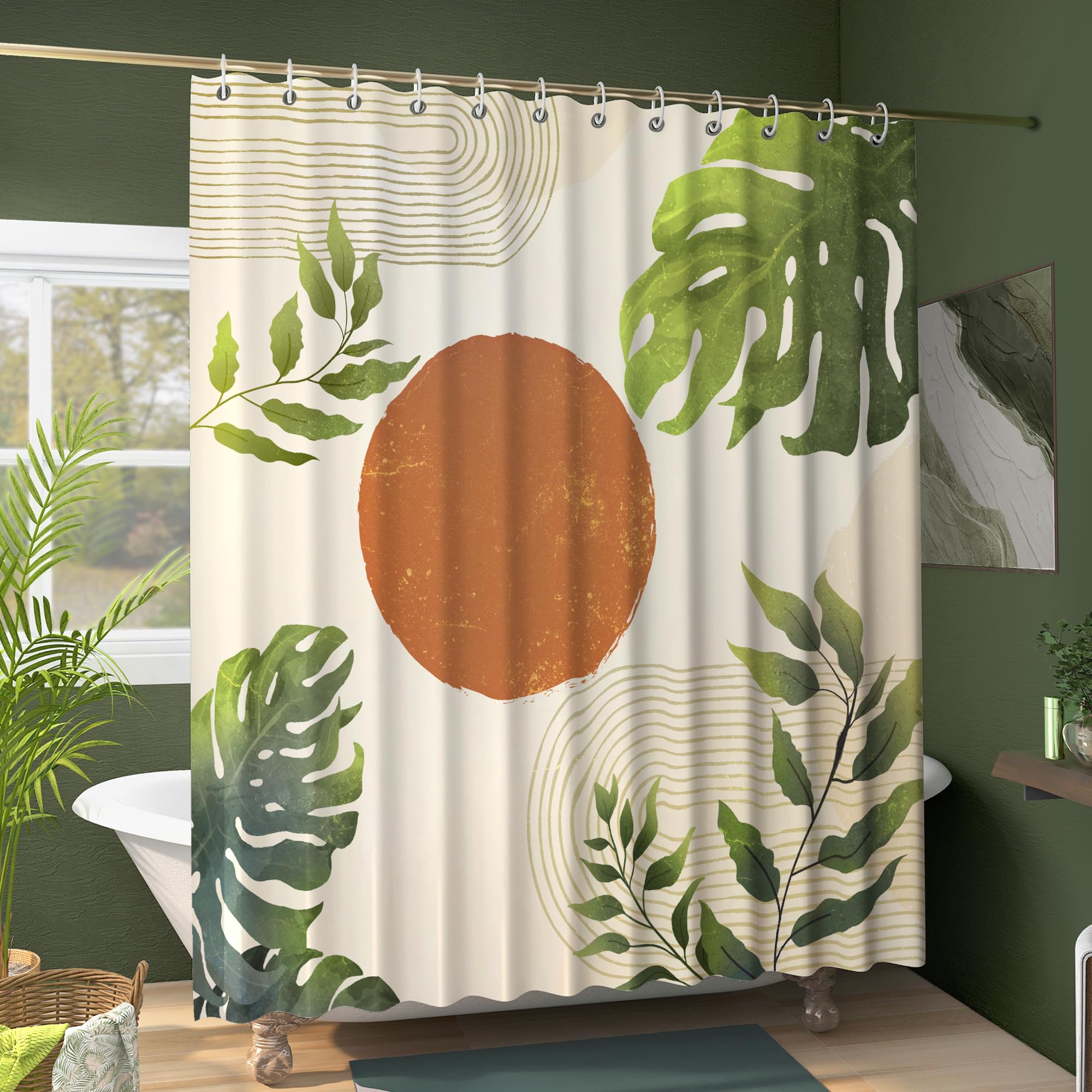 Boho Shower Curtains for Bathroom Decor - Waterproof Farmhouse Bath Curtain Set with Abstract Sun & Plant Design - Mid Century Modern Home Accessories for Vintage, Bohemian or Coastal Style Bathrooms