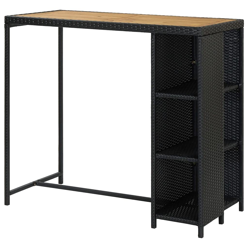 Modern Bar Table with Storage Shelf - PE Woven Rattan & Steel Frame - Acacia Wood Countertop - Perfect for Home Bar, Patio, Restaurant & Pub - Black - 47.2
