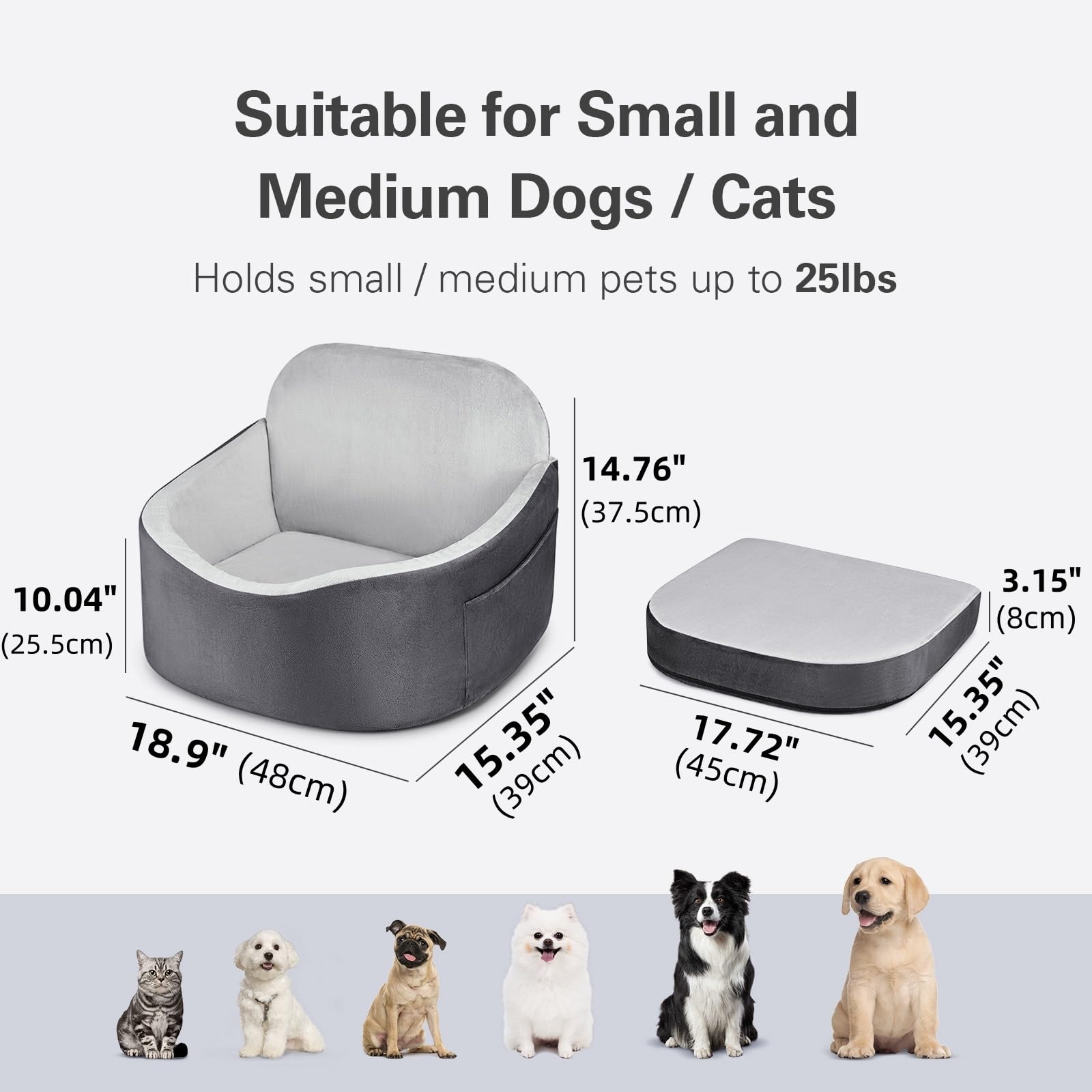 ONE PIX Dog Car Seat for Small Dogs & Cats - Portable Pet Booster Seat with Storage Pockets & Safety Belt - Medium Travel Carrier Bed for Pets Up to 30lbs (Grey) - Perfect for Road Trips, Vet Visits & Daily Commutes