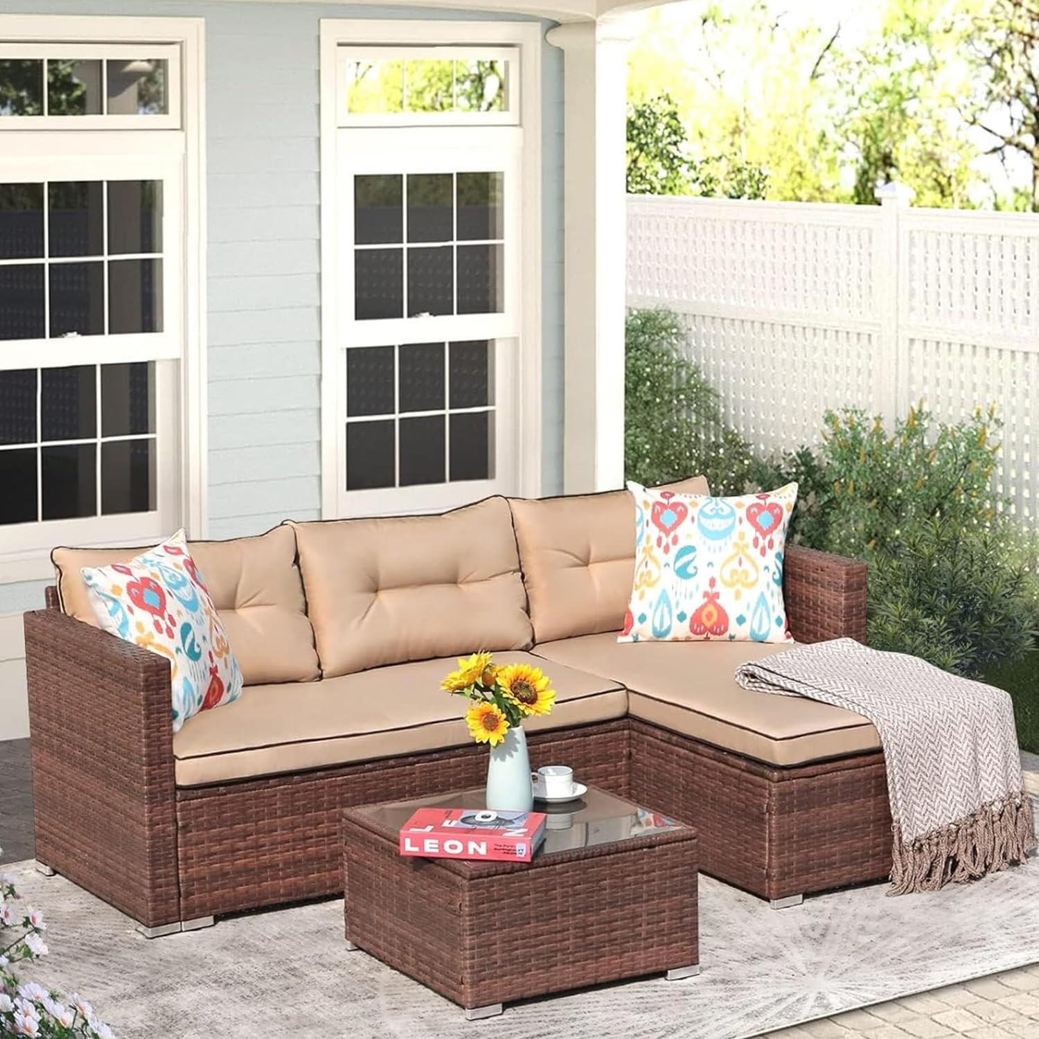JOIVI 5-Piece Outdoor Patio Furniture Set - All-Weather Wicker Rattan L-Shaped Sectional Sofa with Cushions & Tempered Glass Coffee Table - Beige - Perfect for Backyard, Garden, Poolside & Patio Relaxation