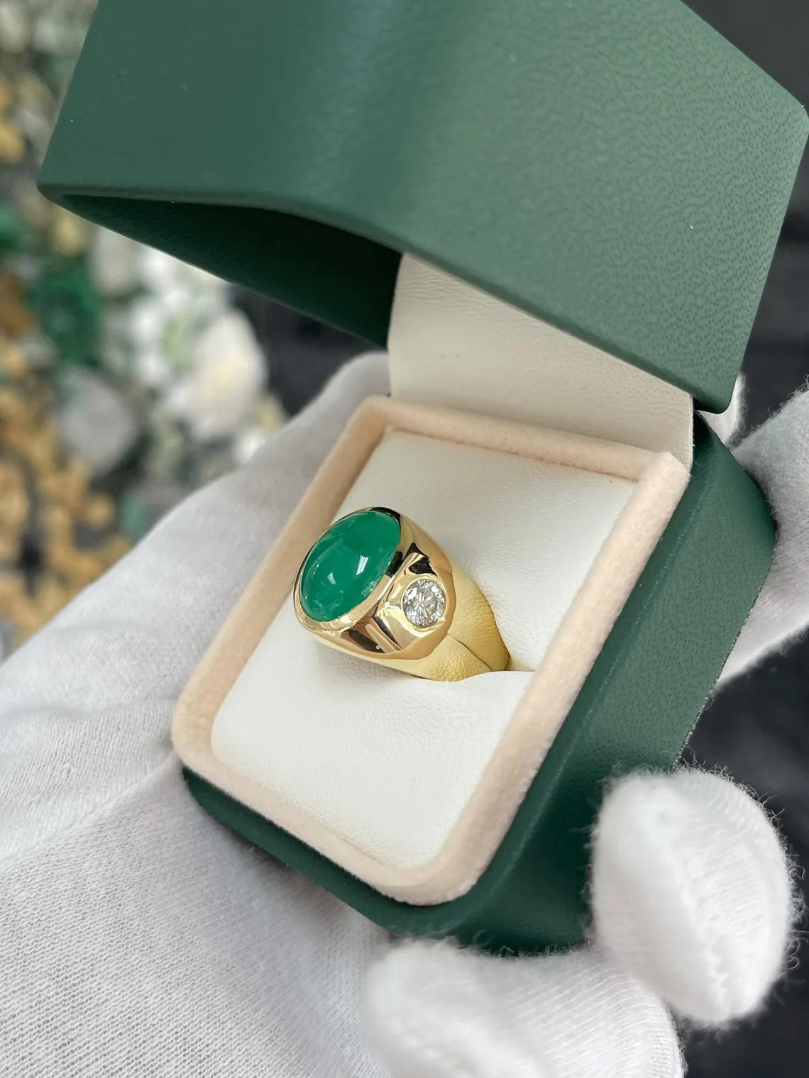 6.49 Carat Natural Emerald Cabochon Diamond Accent Three Stone Ring for Women - Elegant Wedding, Engagement & Anniversary Jewelry Gift