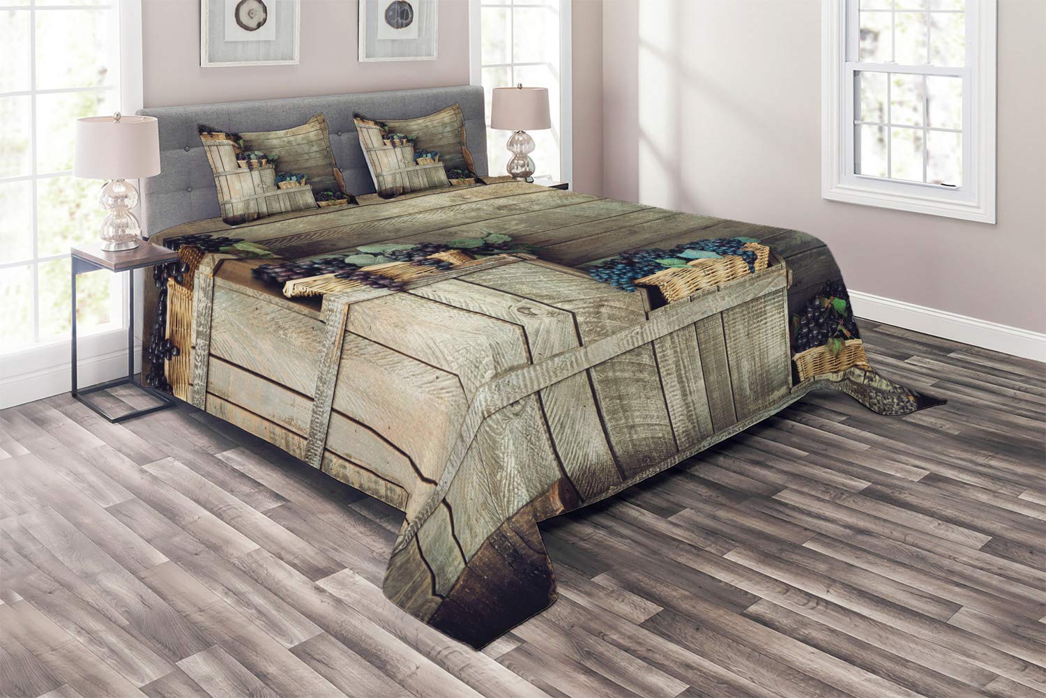 Ambesonne Rustic King Size 3-Piece Quilted Bedspread Set with 2 Pillow Shams - Purple Brown Grape Harvest Design in Wicker Baskets for Farmhouse & Cottage Bedroom Decor | Perfect for Country Style Homes & Cozy Autumn Bedrooms