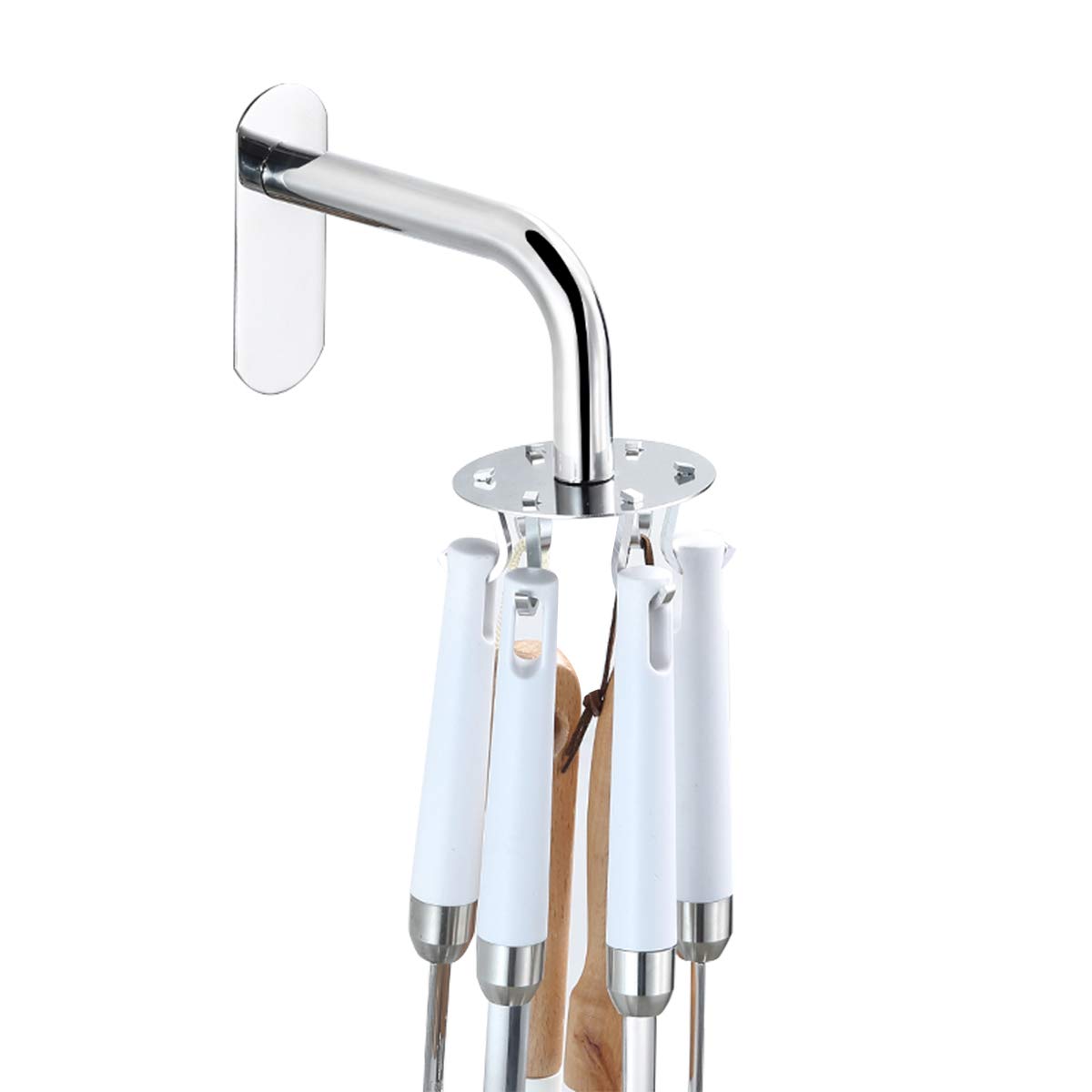 Space-Saving Rotating Kitchen Utensil Rack with 6 Hooks - Organize Gourd Knives, Spoons, Pots, and Pans - Silver Kitchen Storage Solution for Small Spaces