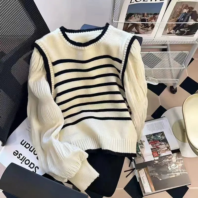 Women's Black & White Striped Knitted Two-Piece Sweater Set - Soft Korean-Style Pullover for Spring & Fall | Perfect for Casual Outings & Layered Outfits