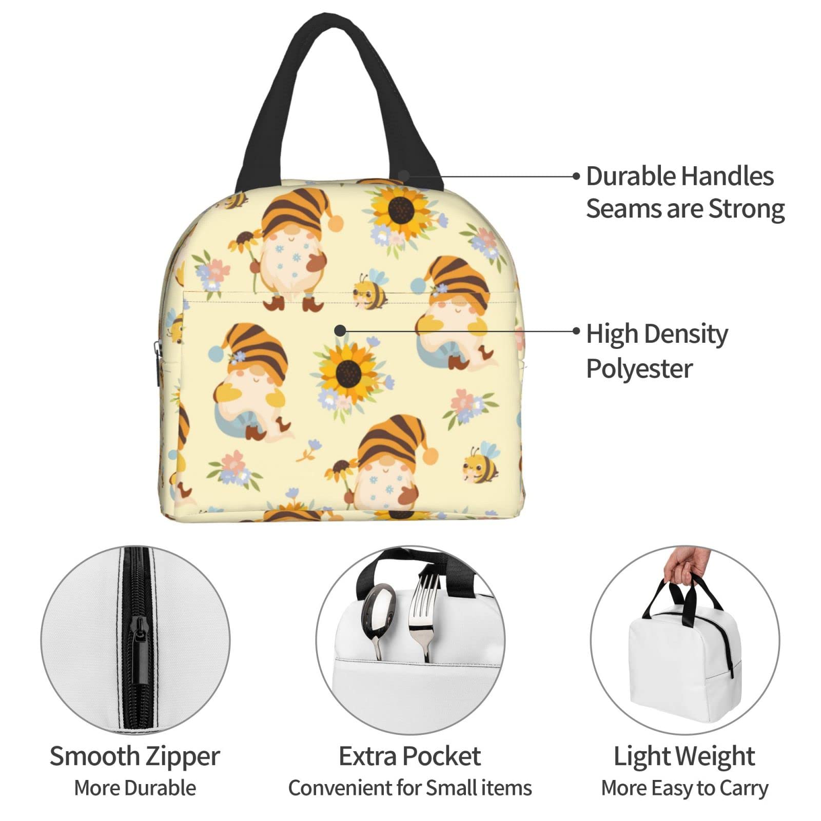 Insulated Lunch Box with Cute Sunflower & Gnome Design - Reusable & Leakproof Meal Container for Work, School, Travel & Picnic - Portable Tote Lunch Bag for Men & Women