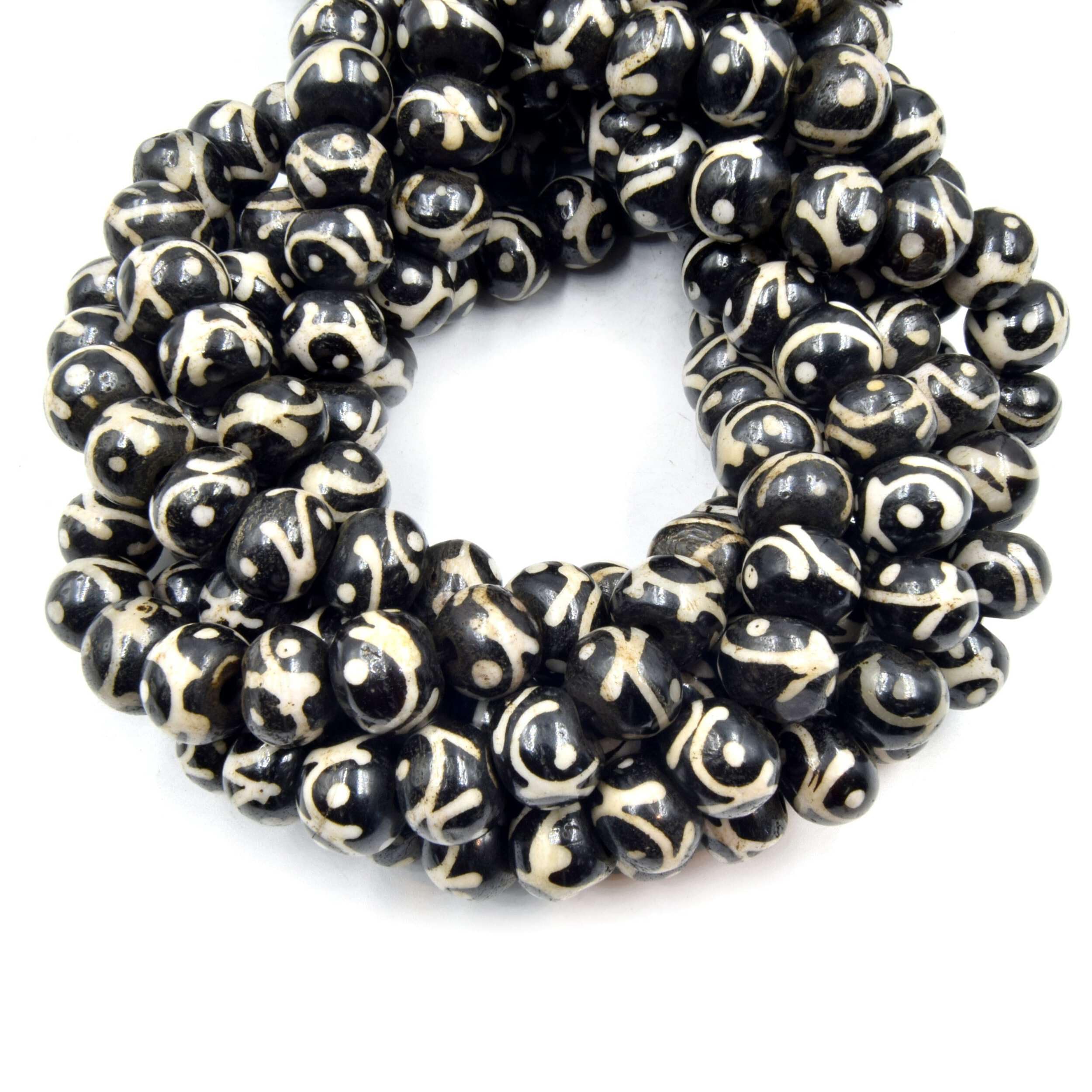 Batik Ox Bone Rondelle Beads 14mm - Black Brown Tribal Swirl with Dot Painted Bone Beads for Jewelry Making, DIY Crafts, and Bohemian Accessories - Perfect for Necklaces, Bracelets, and Earrings