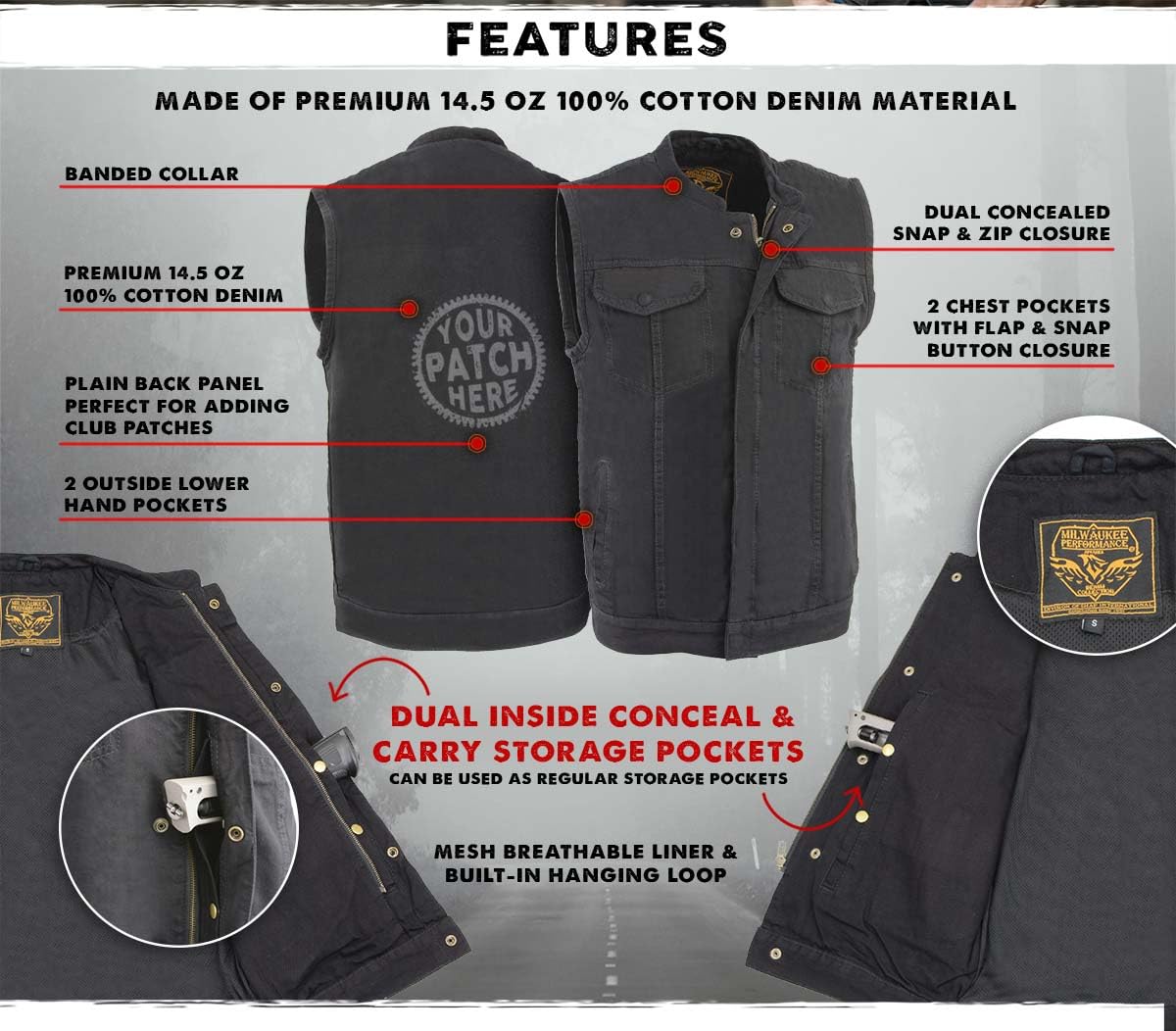 Milwaukee Leather MDM3000 Men's Brute Concealed Snap Black Denim Club Style Vest with Hidden Zipper - Perfect for Motorcycle Riding, Biker Events & Outdoor Adventures