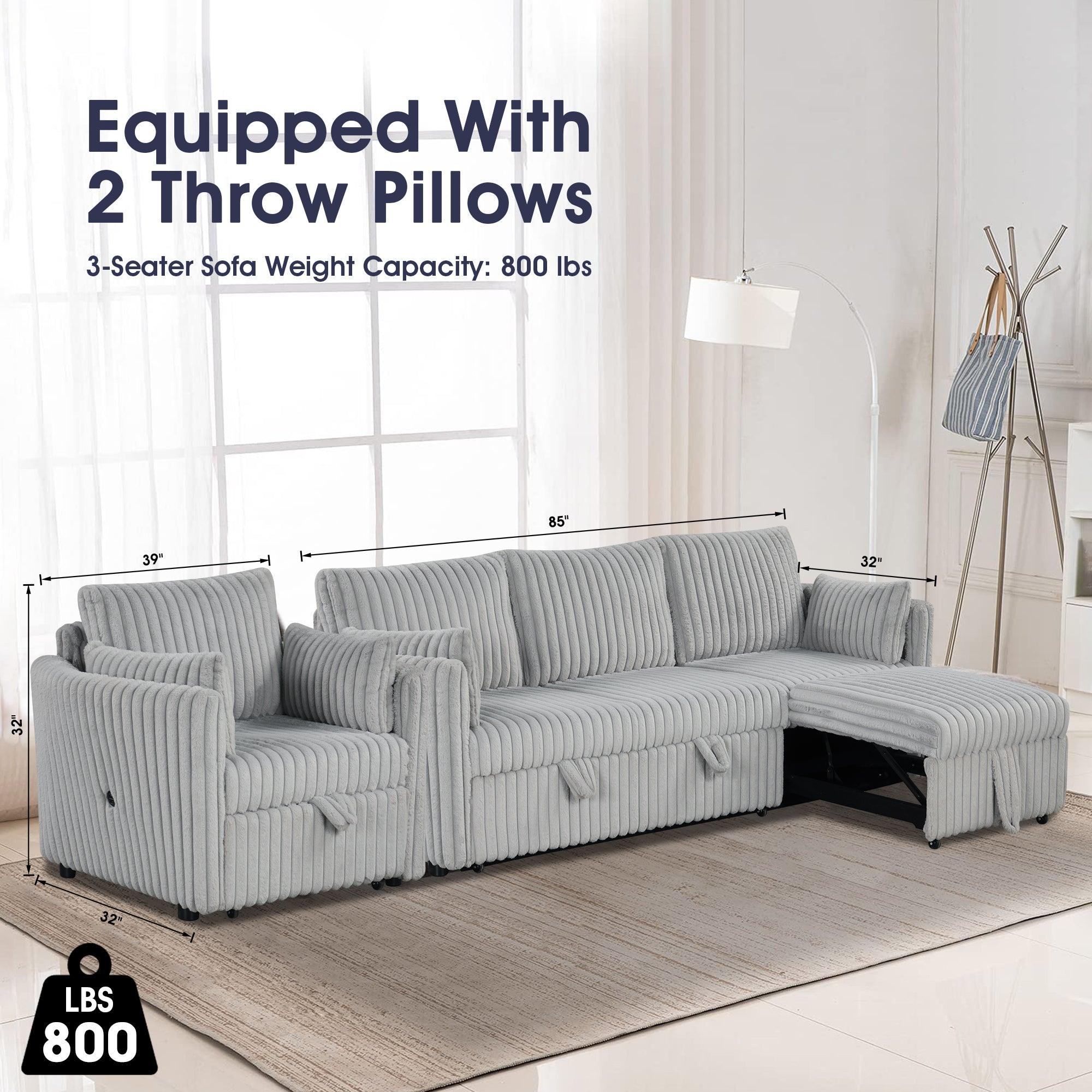 Light Gray Faux Fur Oversized Convertible Sleeper Sectional Sofa with USB Charging Ports - 3-in-1 Daybed, Couch & Chair with 2 Pillows - Perfect for Living Room, Home Theater & Guest Room