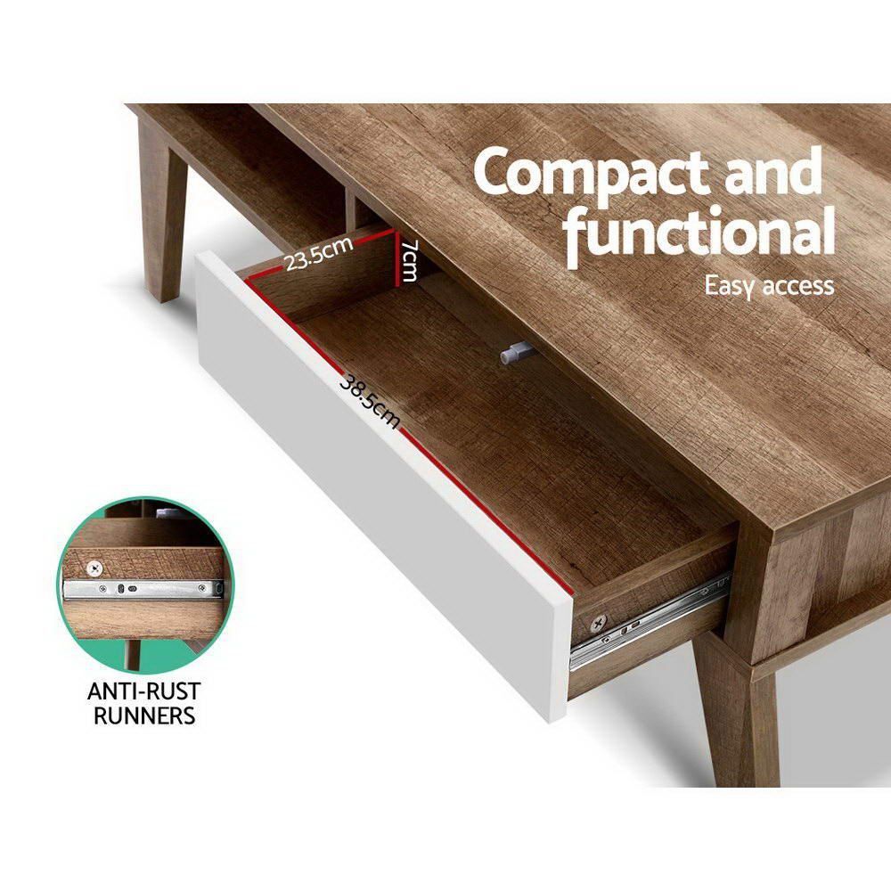 Modern Scandinavian White Wooden Coffee Table with 2 Storage Drawers & Open Shelf - Perfect for Living Room, Lounge & Small Space Decor