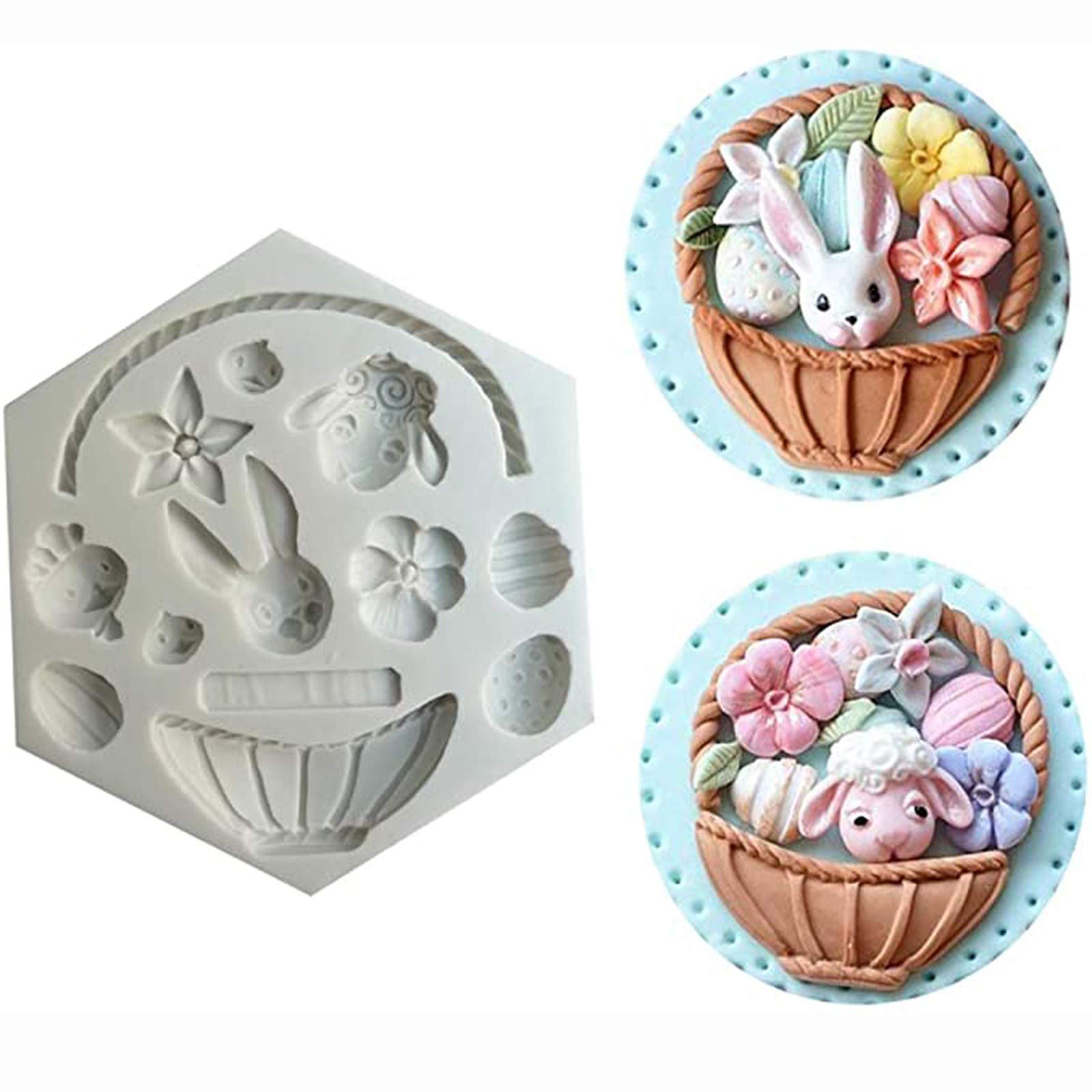 Easter Chocolate Silicone Mold Set - Bunny Rabbit Egg Basket Flower Fondant Cake Decorating Tools for DIY Baking, Candy Making, Easter Party (11.5x11.5x1.5cm) - Perfect for Holiday Treats, Birthday Cakes & Home Kitchen Crafts