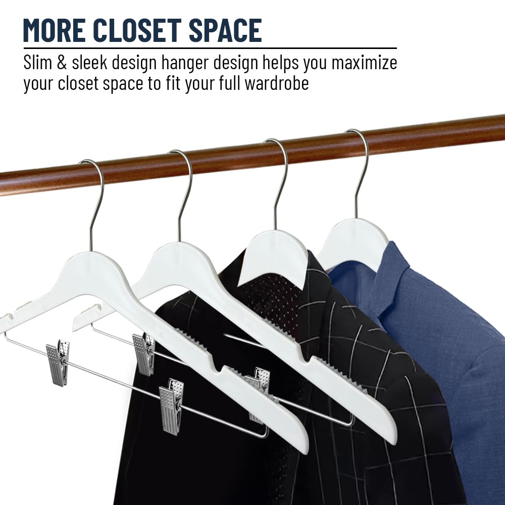 Heavy Duty Slim Plastic Hangers with Clips - Space Saving Non-Slip Clothes Hangers for Pants, Skirts & Coats (White, 36 Pack) - Perfect for Closet Organization & Travel Packing