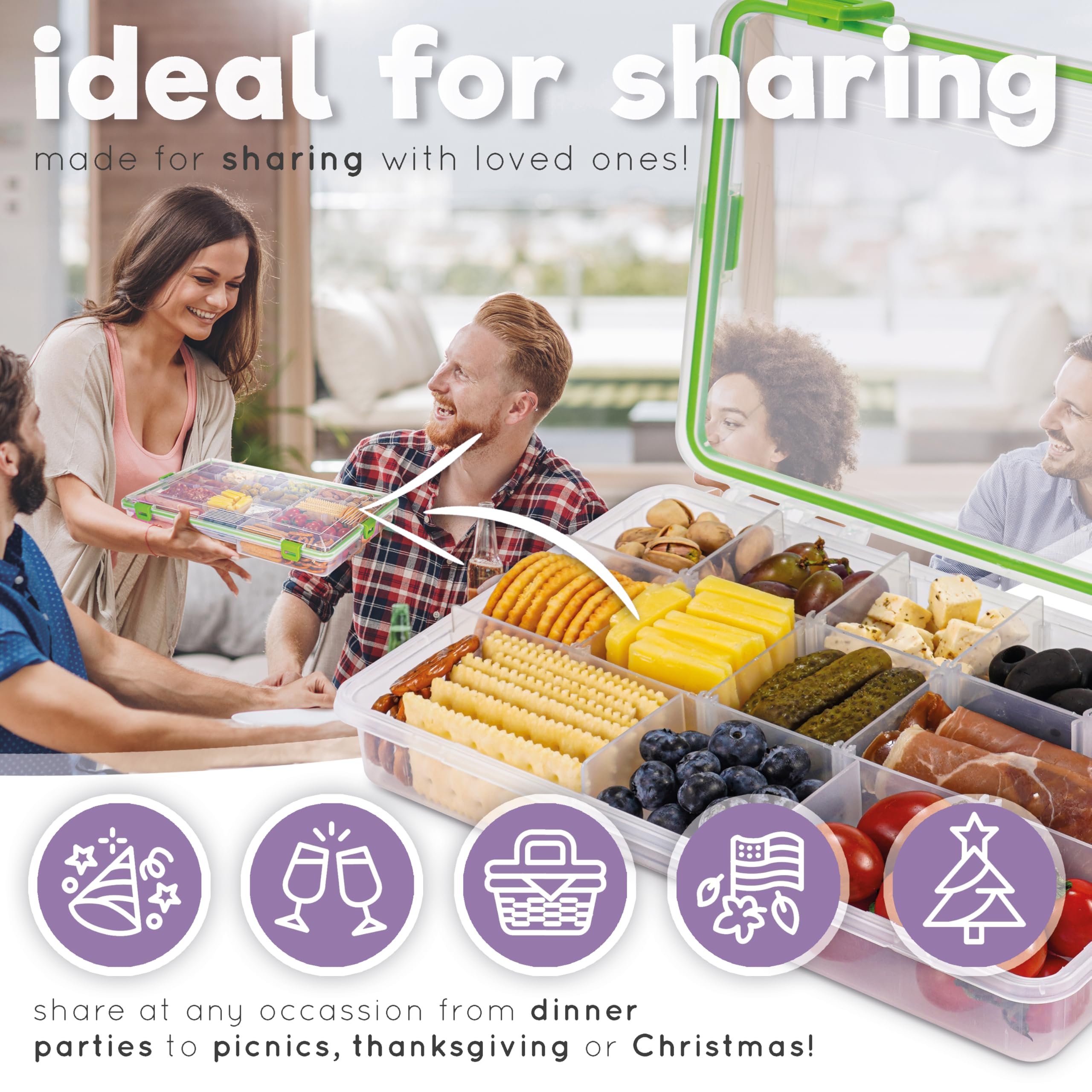 Reel Bites Snackle Box - Portable Travel Snack Container with Lid | Leak-Proof Snack Tray & Charcuterie Box for Picnics, Road Trips & Outdoor Adventures (Regular Size)