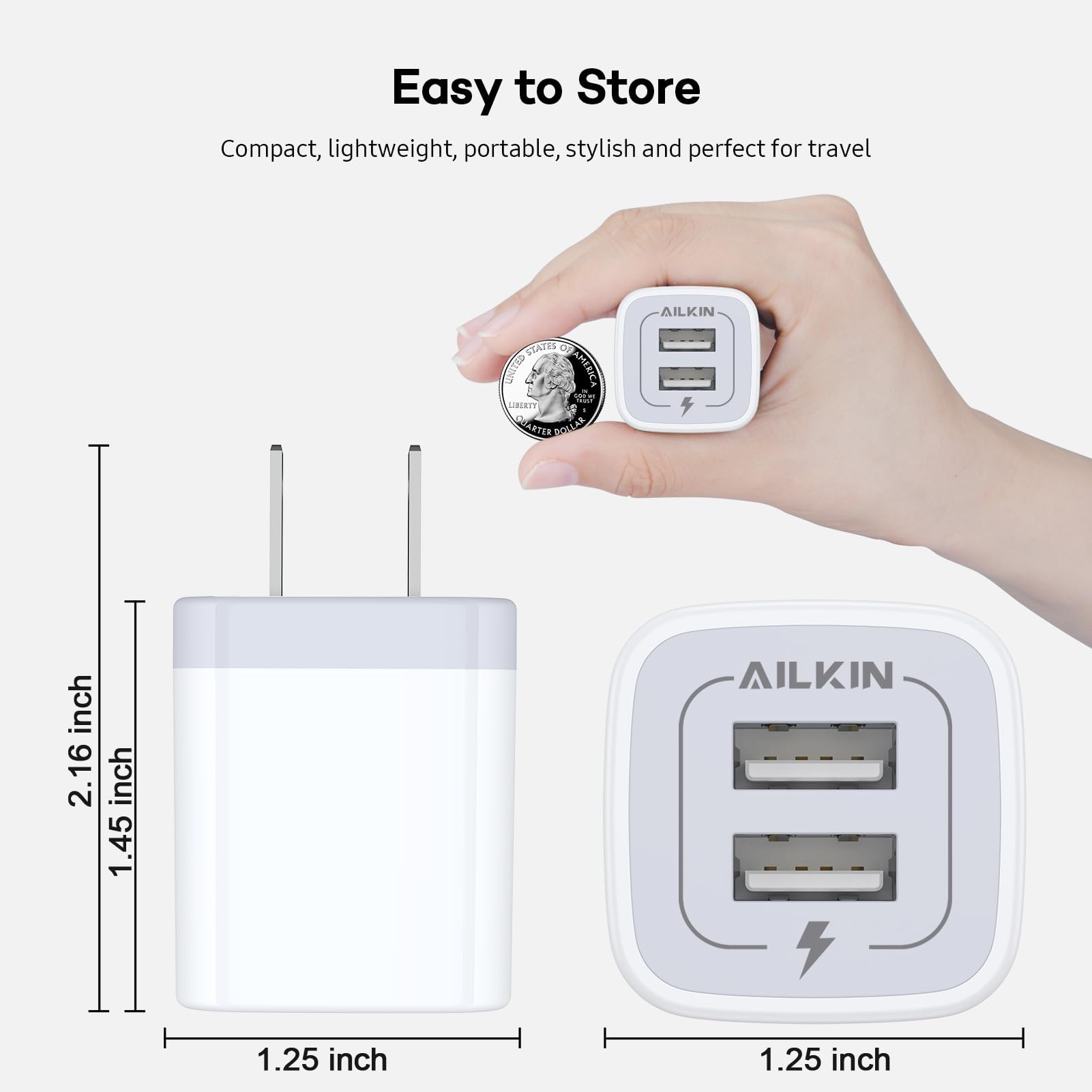 AILKIN 2-Pack 2.1A Dual Port USB Wall Charger - Fast Charging Adapter for iPhone 15/14/13/12/11/Pro Max/X/8/7/SE & Samsung Galaxy S23/S22 - Compact Power Block for Home, Office & Travel Charging