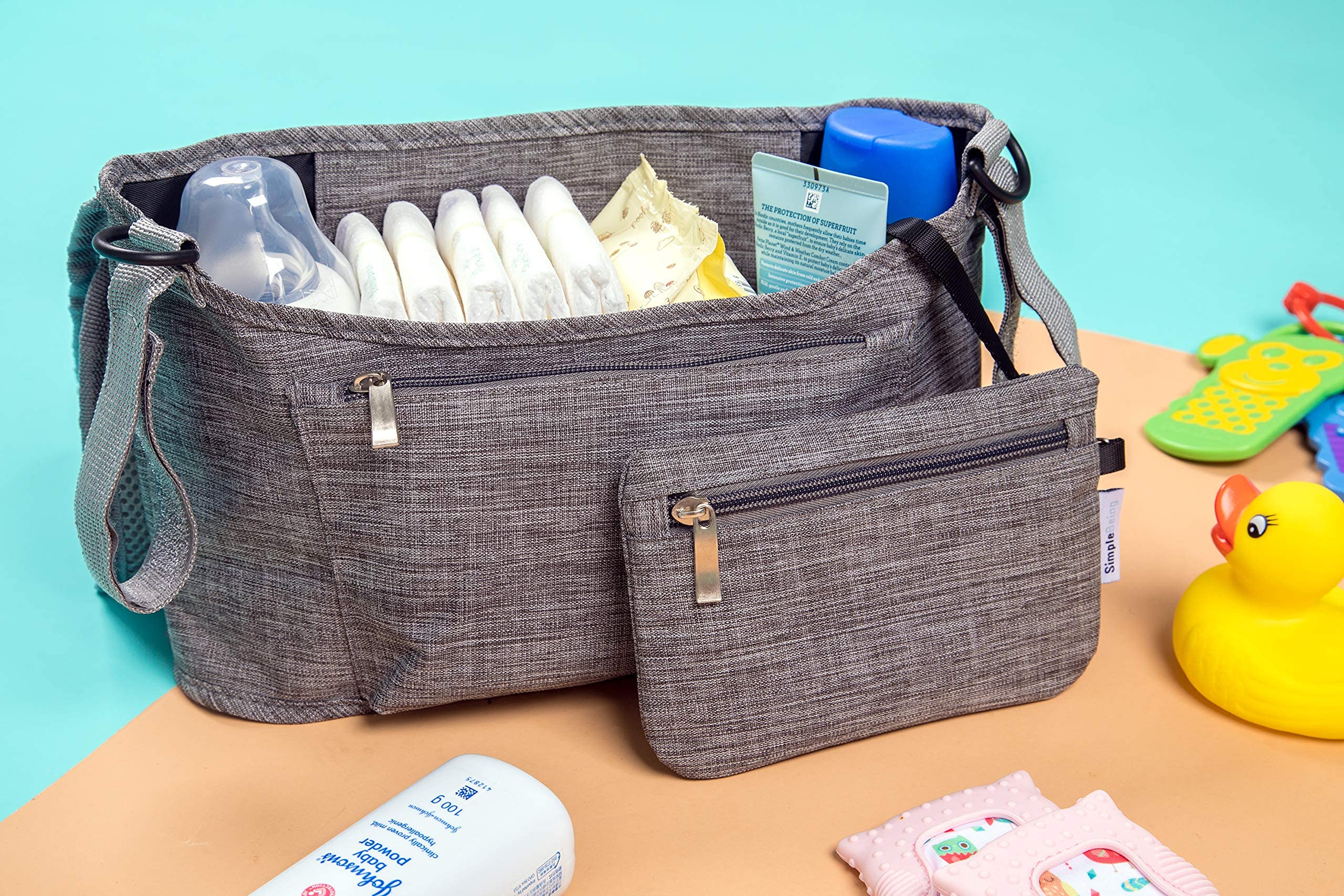 Simple Being Universal Baby Stroller Organizer - Grey Storage Bag with Multiple Compartments for Diapers, Bottles & Essentials | Perfect for Travel, Walks & Daily Parenting Needs