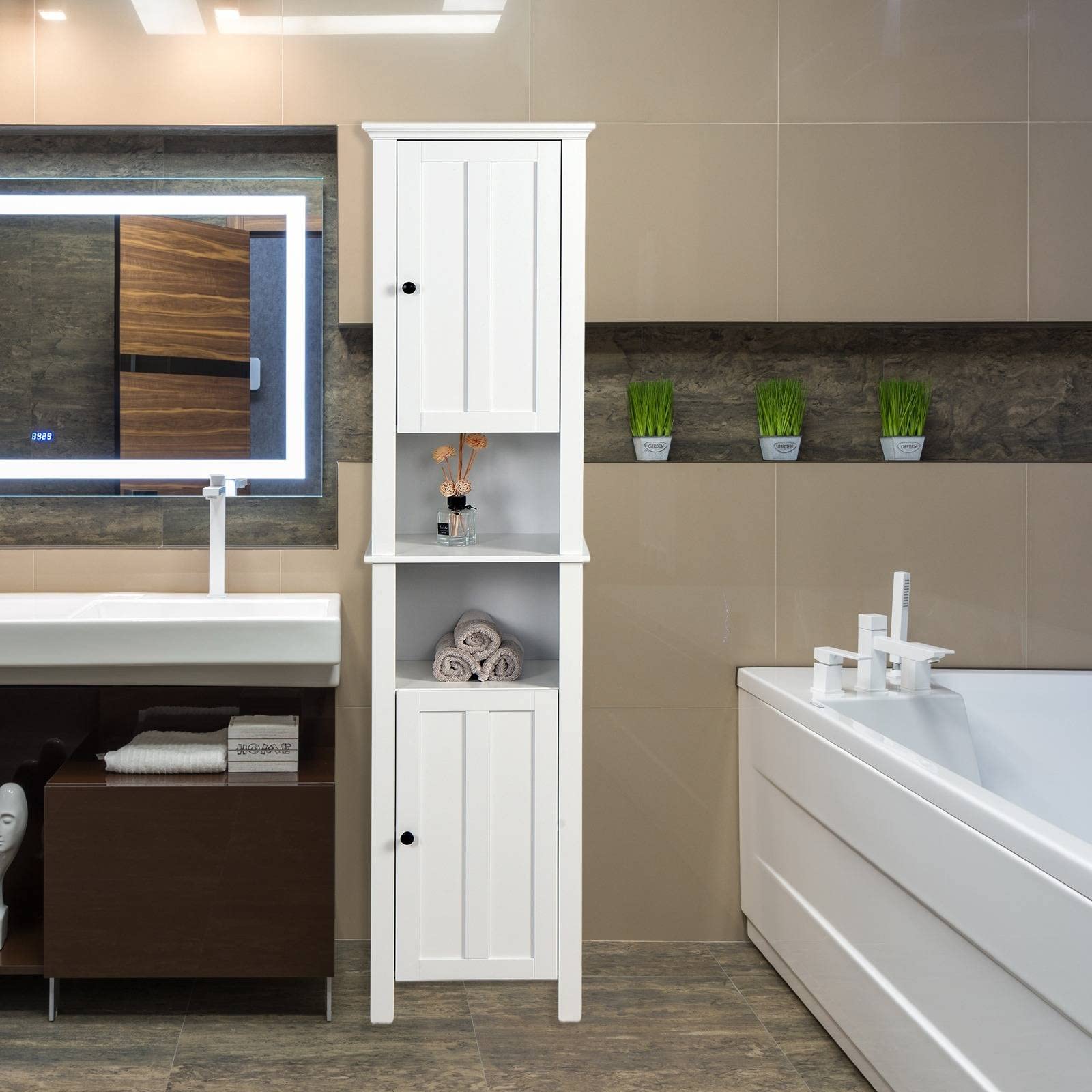 Tall Narrow Storage Cabinet - Multifunctional White Cabinet with 2 Open Shelves & Cupboard | Perfect for Bedroom, Bathroom, or Kitchen Organization
