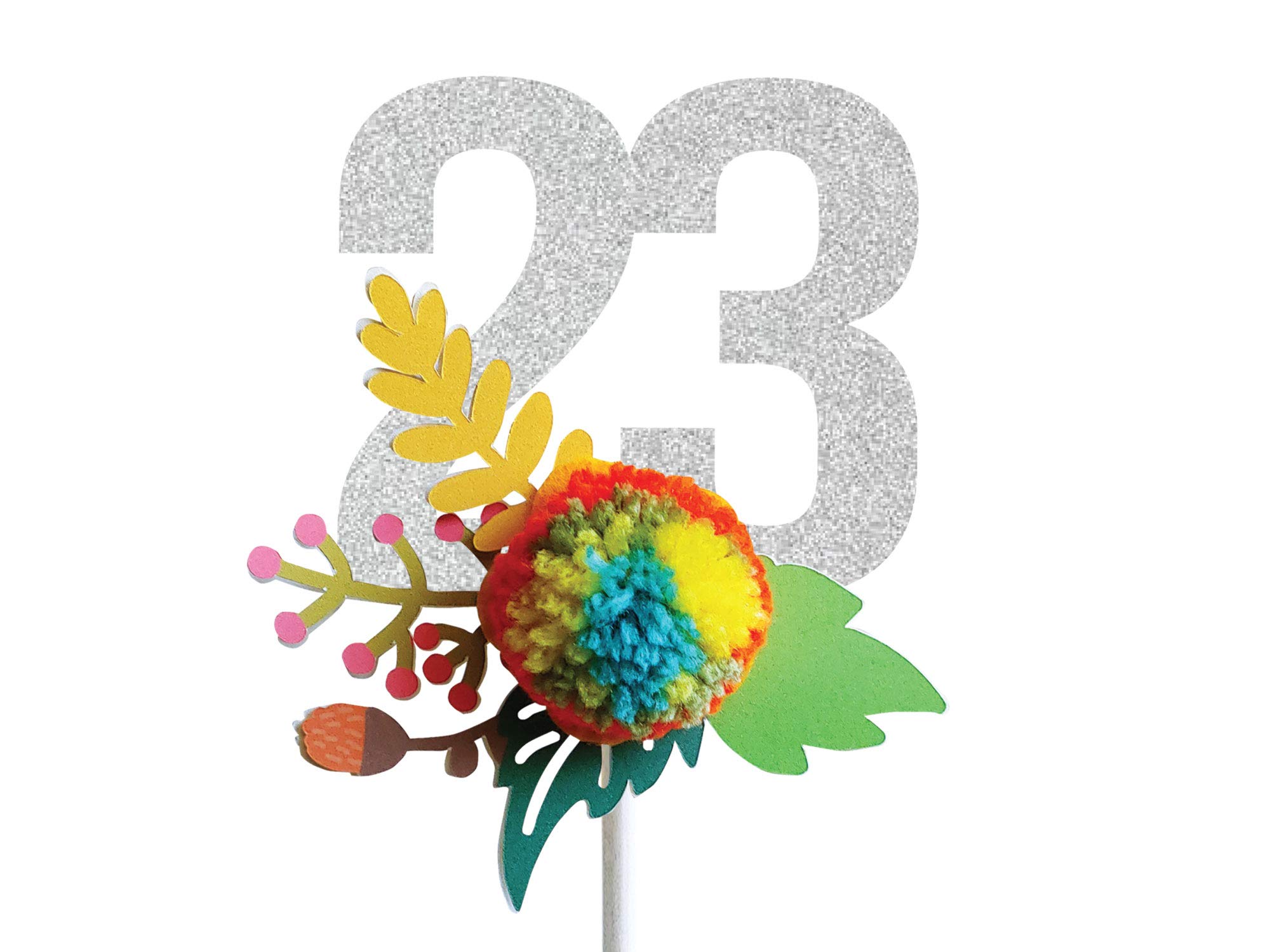 Custom Number Cake Topper with Rainbow Pom Pom Flowers - Personalized Glitter Birthday Cake Decoration for Weddings, Baby Showers & Special Celebrations