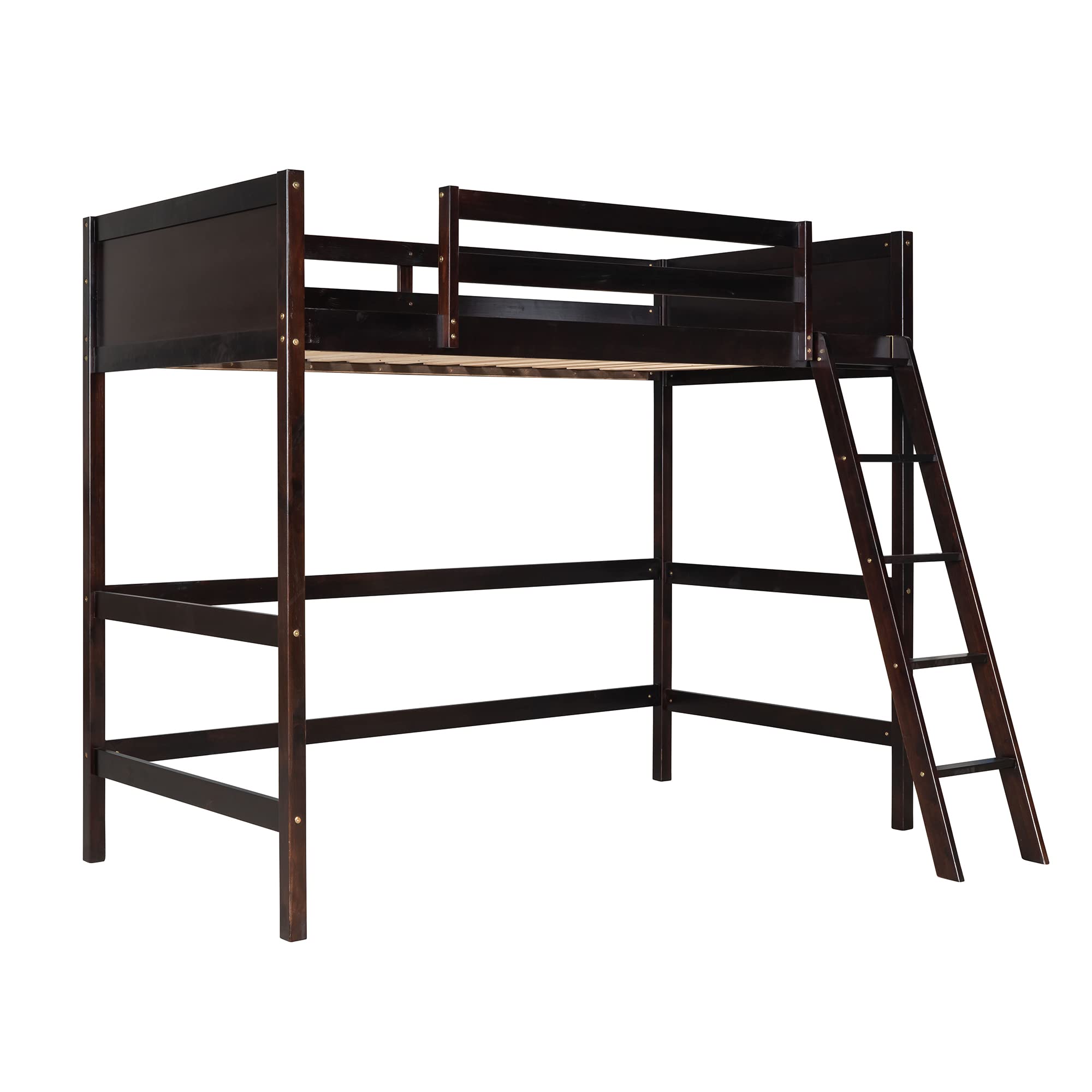 JULYFOX Twin Loft Bed Frame - Espresso Pine Wood Platform Bed with Ladder, 250 lb Weight Capacity & 15