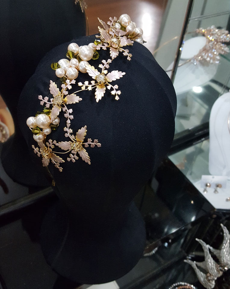 Elegant Bridal Headpiece with Floral and Pearl Design - Enchanted Garden by Kezani | Perfect for Weddings, Prom, and Special Occasions