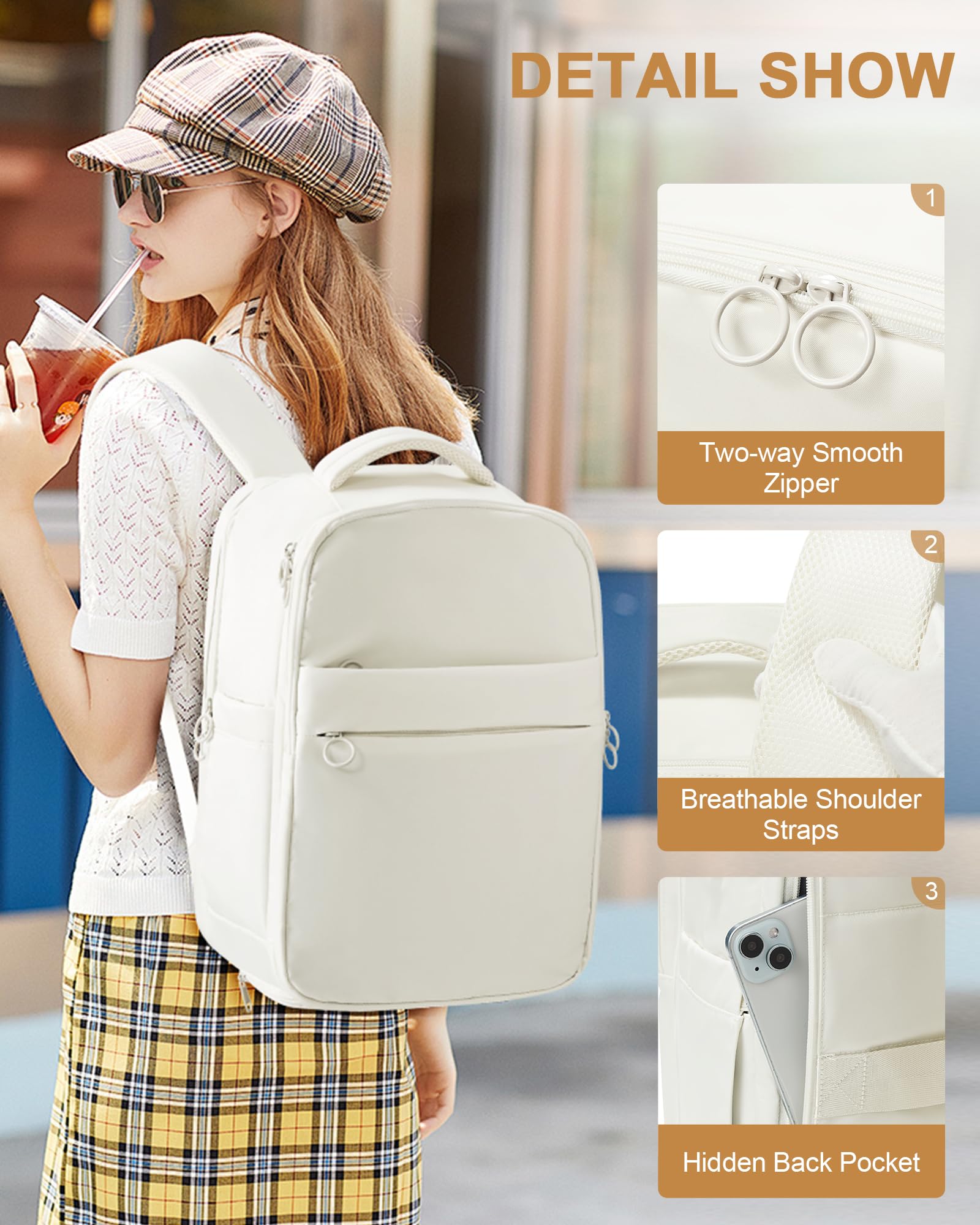 Women's Waterproof Travel Backpack - Airplane Approved Carry-On Personal Item with Shoe Compartment | Lightweight Flight Backpack for Business Trips, Weekend Getaways & International Travel (Beige)