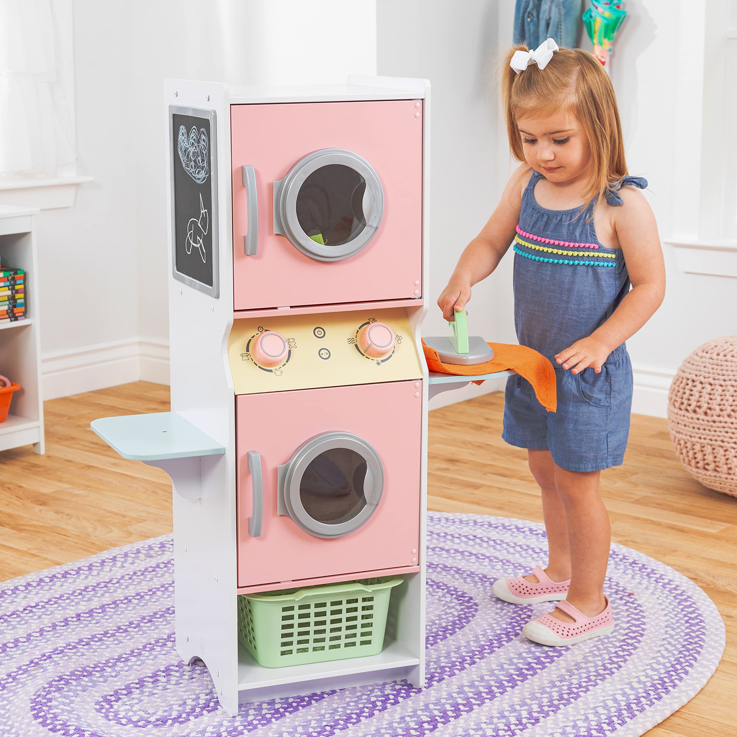 KidKraft Wooden Laundry Playset for Kids - Pretend Play Washer & Dryer Toy with Iron, Basket & Stackable Design - Pastel Color - Educational Gift for Toddlers Ages 3+ - Perfect for Imaginative Play, Role-Playing & Preschool Learning Activities