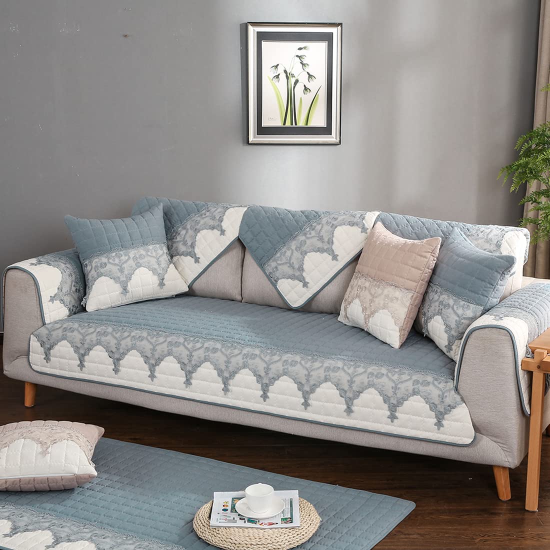 VCTOPS Embroidered Lace Sofa Cover - Quilted Sectional Couch Slipcover, Non-Slip Pet-Friendly Furniture Protector for Dogs & Cats - Fits Love Seat, Recliner & L-Shaped Leather Sofas (Grey, 28x70 Inches) - Perfect for Living Room, Family Room & Pet Owners