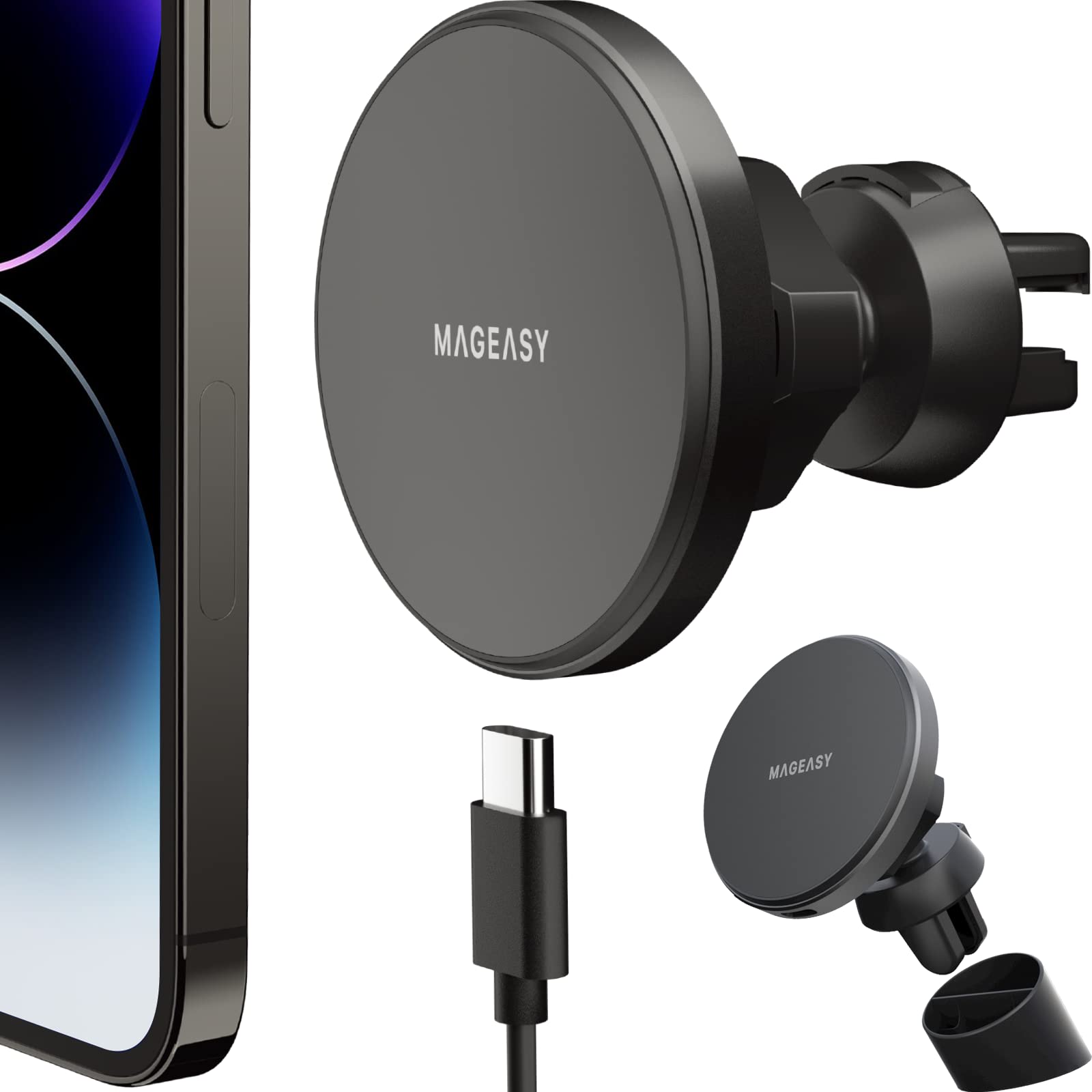 MAGEASY Premium Magnetic Wireless Car Charger - Fast Charging MagSafe Car Mount for iPhone 15/14/13 & Qi-Compatible Phones | Secure Phone Holder for Driving, Commuting & Road Trips
