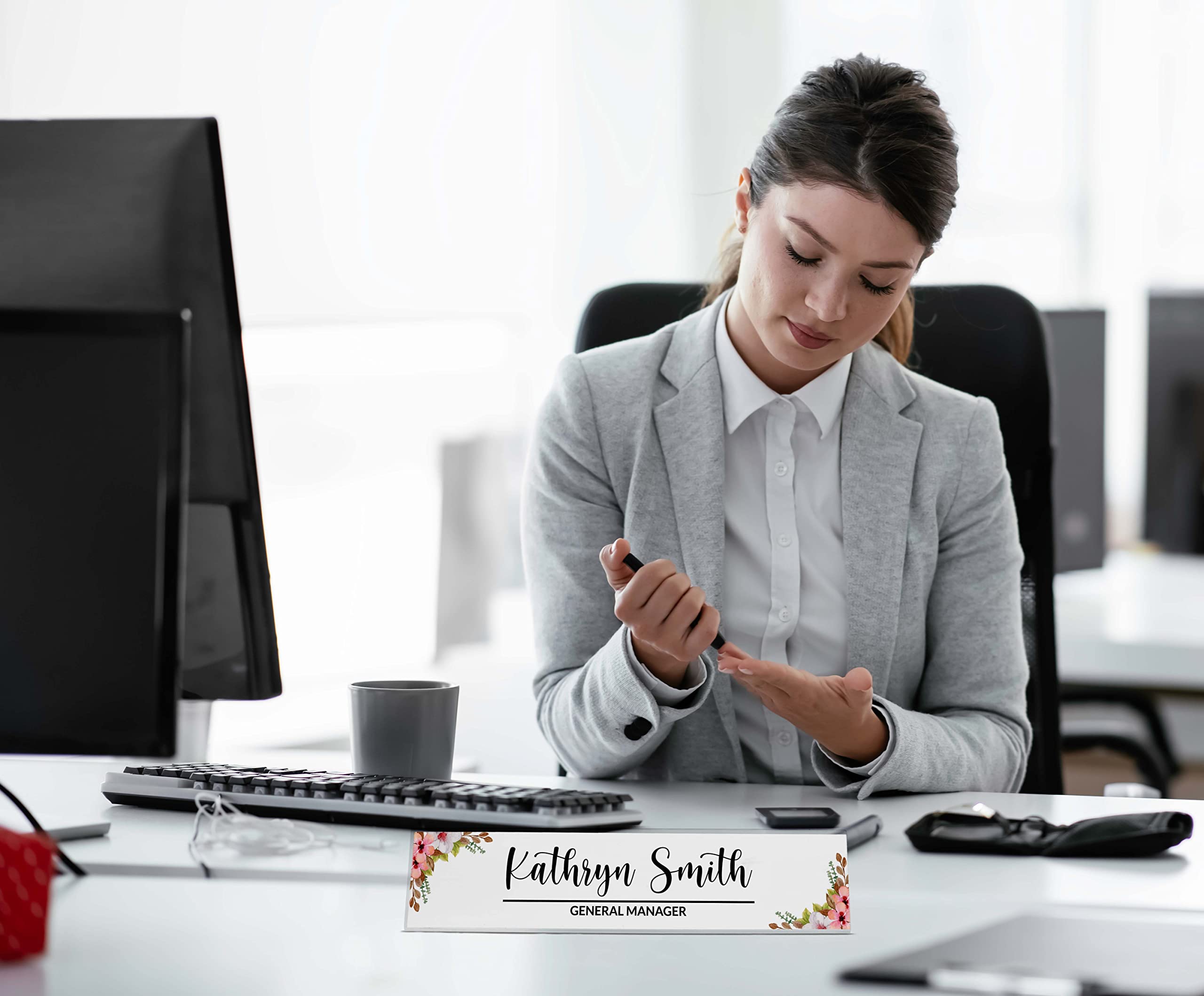 Personalized Acrylic Desk Name Plate - Custom Floral Office Name Sign (2x8 Inches) - Perfect for Workstations, Reception Desks & Home Office Decor