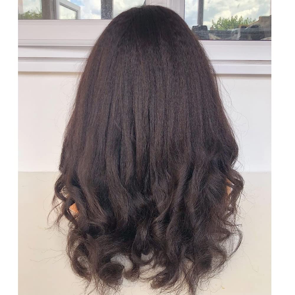 Brazilian Human Hair Wigs for Black Women - 22 Inch Kinky Yaki Wavy Bang Wig with 180% Density & O Scalp Top | Perfect for Protective Styling, Everyday Wear & Special Occasions