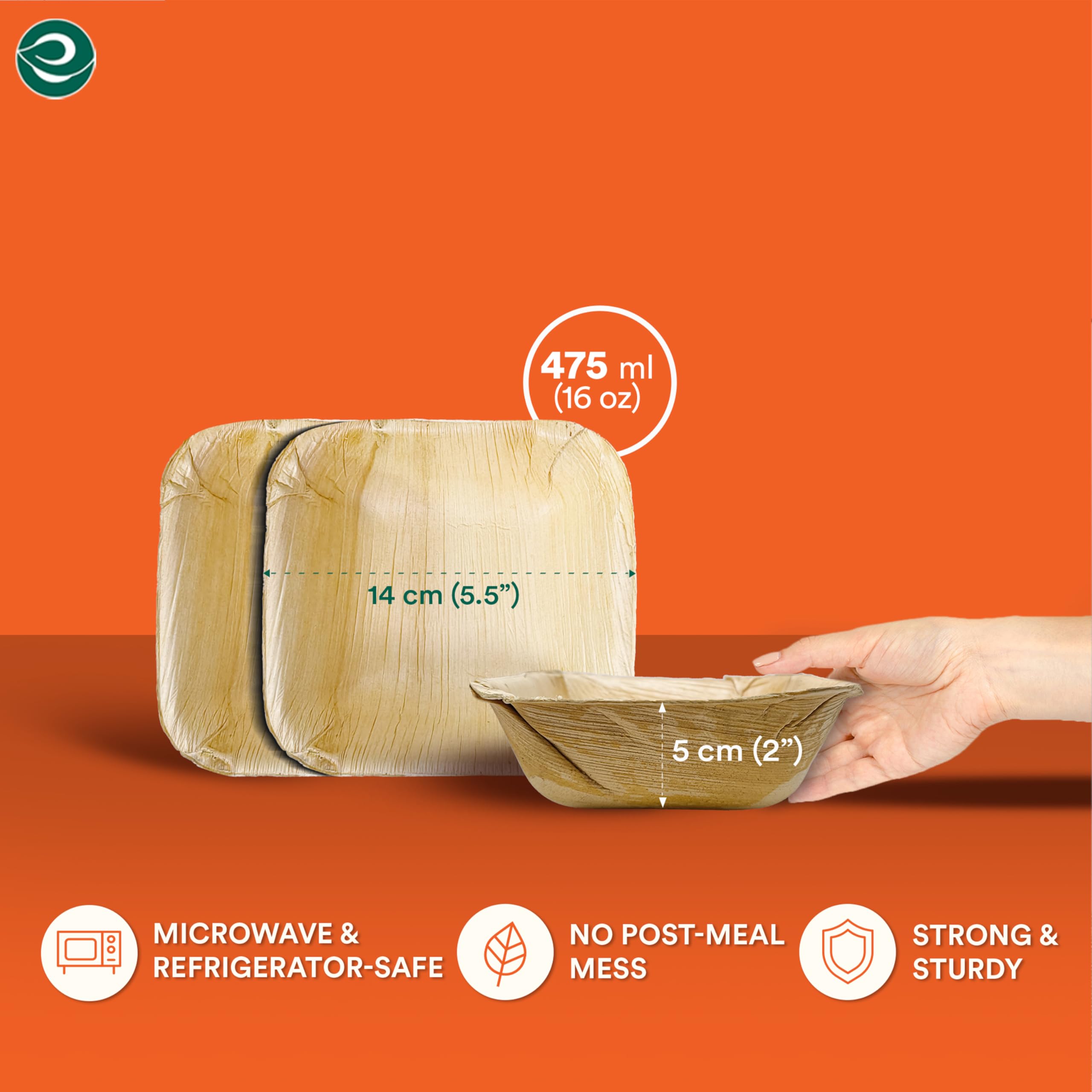 ECO SOUL 100% Compostable Biodegradable Disposable Palm Leaf Bowls - Eco-Friendly Square Dinnerware Set (16 Oz, 5.5