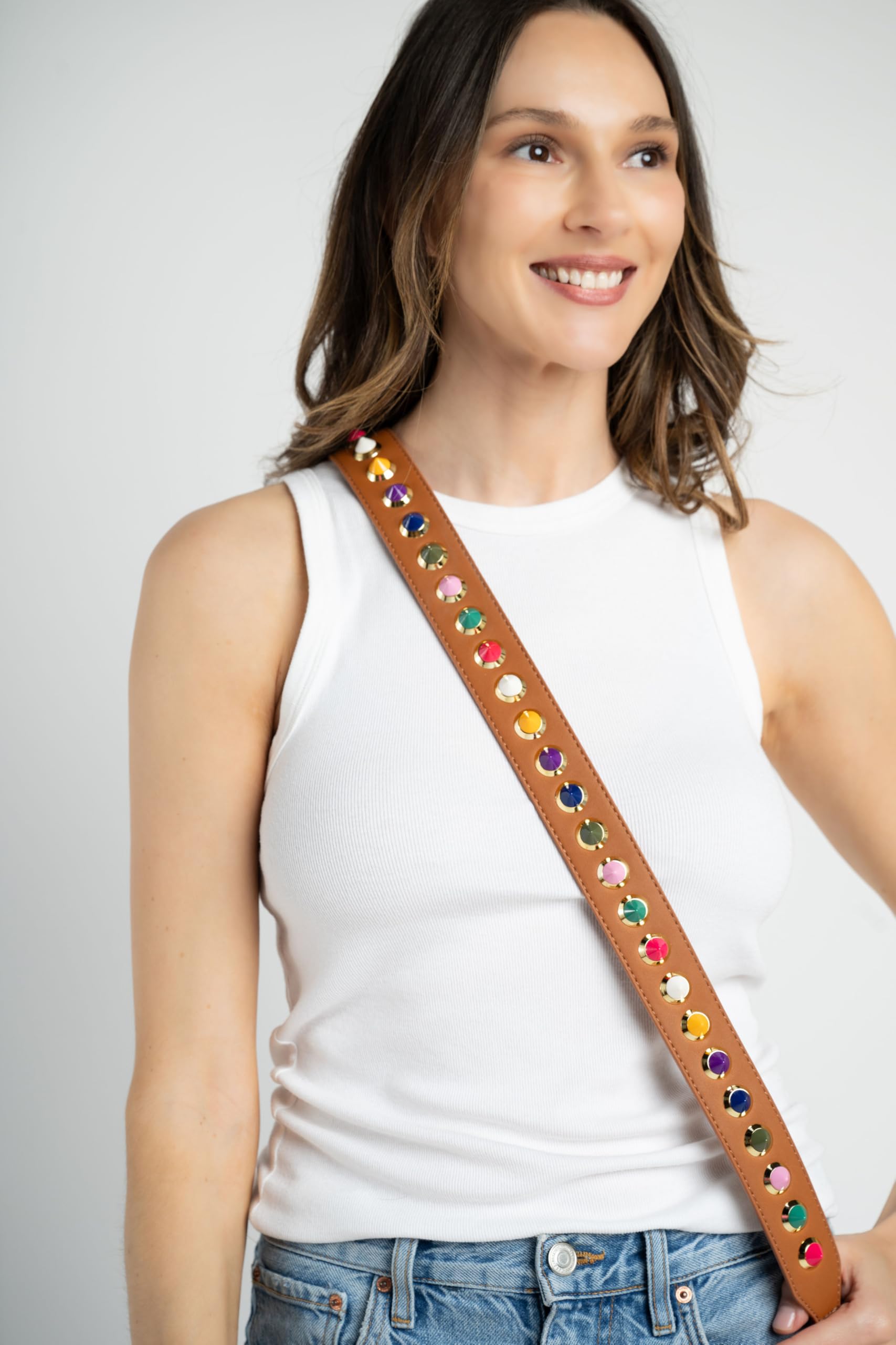 BLOC Studded Shoulder Strap for Crossbody Bags & Handbags - Brown with Multicolor Studs - Purse Strap Replacement for Women's Fashion Accessories | Perfect for Casual Outings, Shopping & Travel