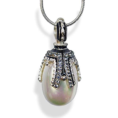 Elegant Sterling Silver Guilloché Black Enamel Necklace with Simulated Sea-Shell & White Pearl Egg Pendant | Silver Plated 24-Inch Chain | Perfect for Weddings, Parties & Special Occasions