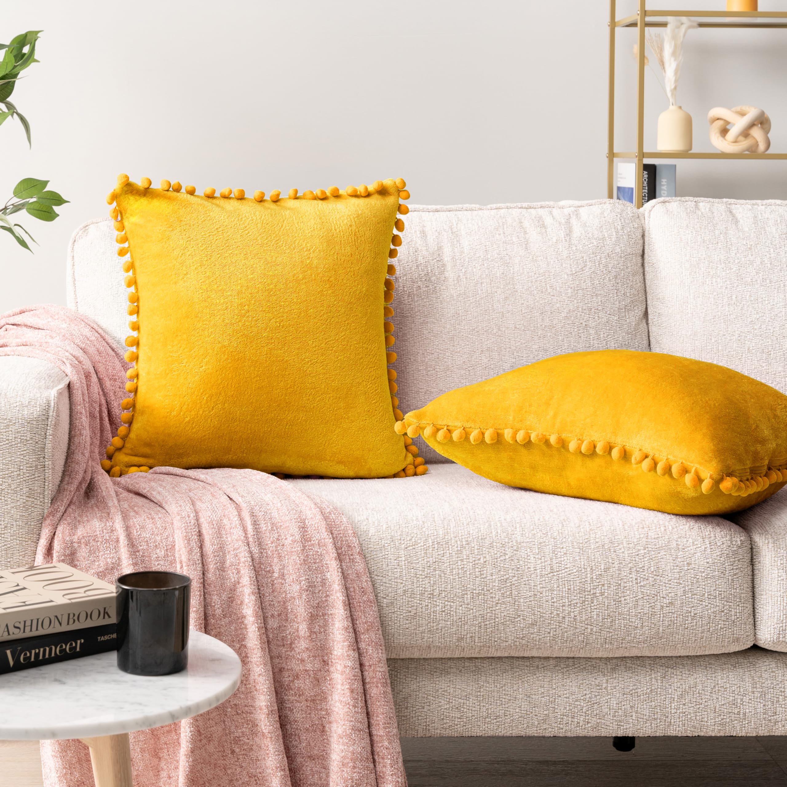 PAVILIA Mustard Yellow Velvet Euro Plush Throw Pillow Covers with Pom Pom - Set of 2 (20x20 Inches) - Decorative Cushion Covers for Bed, Sofa & Couch - Soft Luxury Pillowcases for Bedroom Aesthetic & Living Room Decor