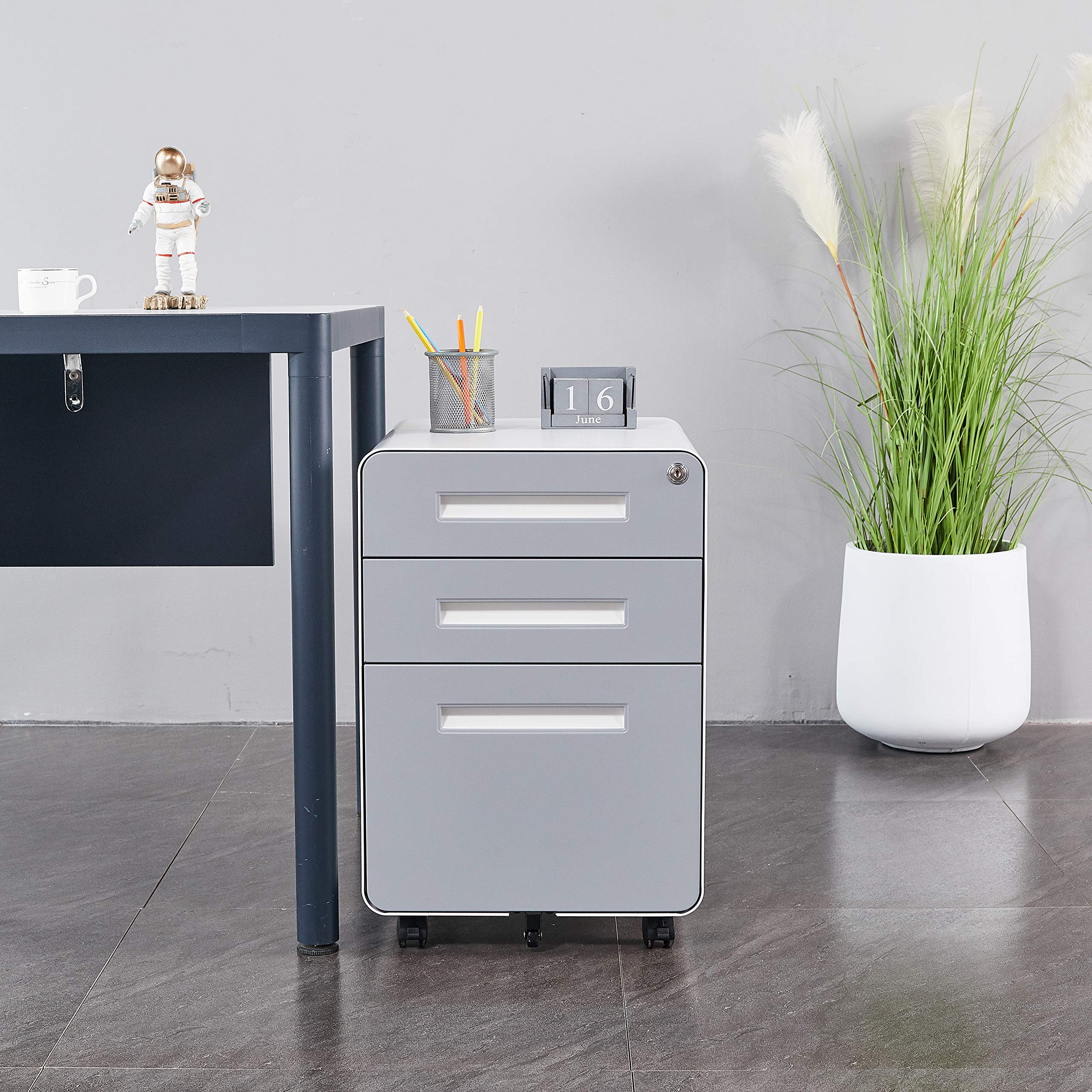 Zushule 3-Drawer Mobile Metal File Cabinet with Lock - Fully Assembled, Easy-Roll Casters & Safety Round Corners - Office & Home Storage Solution (Grey) | Ideal for Document Organization in Workspaces, Home Offices & Small Businesses