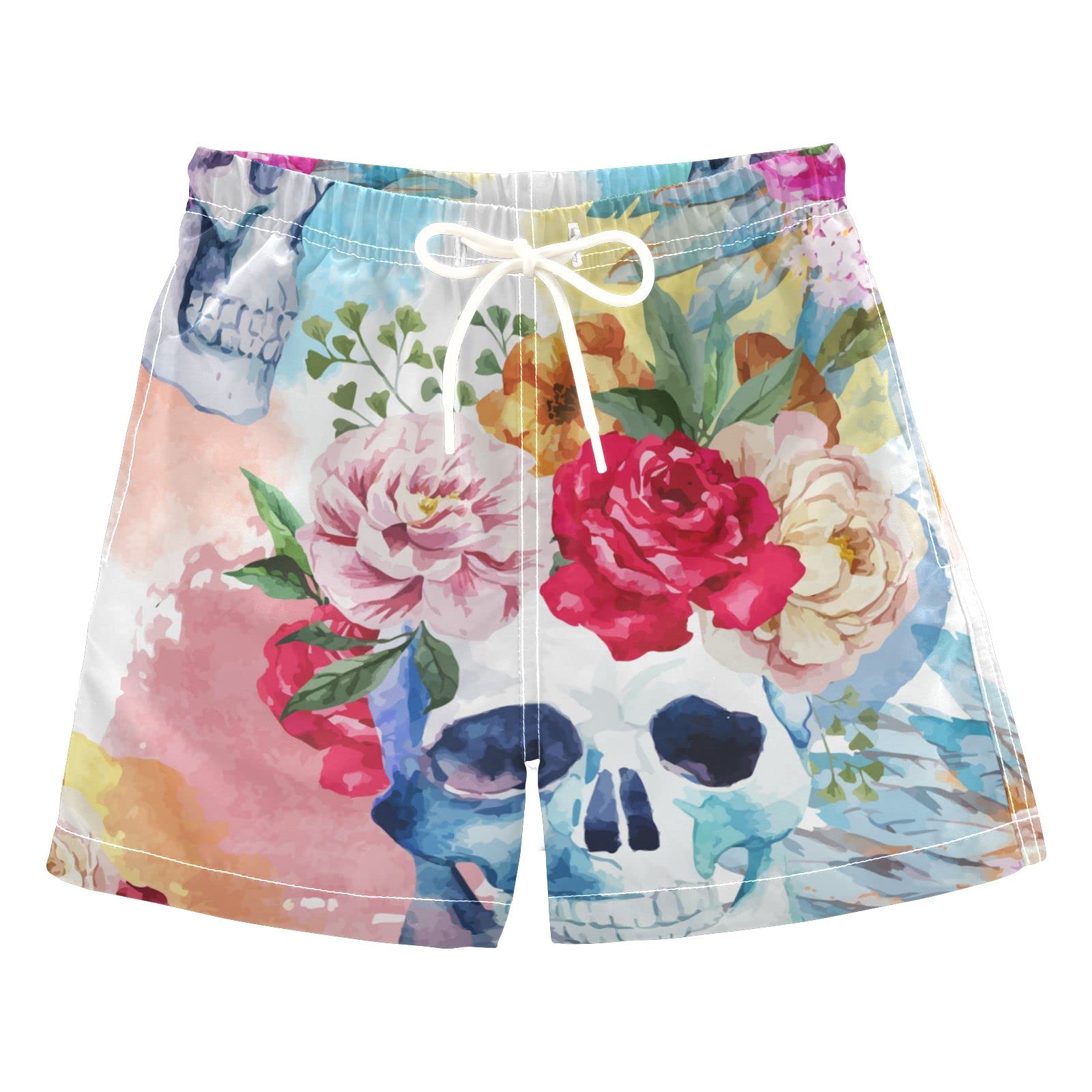 AMICHIC Boys Ethnic Skull and Rose Swim Trunks - Quick Dry Board Shorts for Beach, Surf & Swimming | Hawaii Vacation Essentials for Kids & Teens