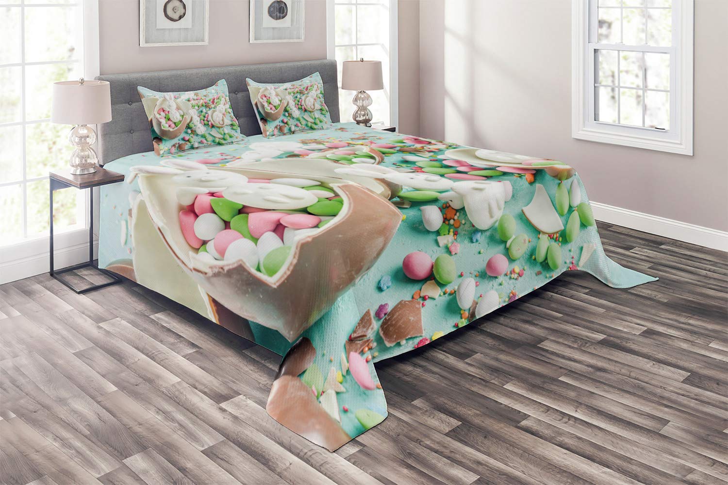 Ambesonne Easter Bunny Bedspread Set - 3 Piece Quilted Coverlet with 2 Pillow Shams, King Size, Multicolor Pastel Chocolate Eggs Design for Spring Decor | Perfect for Easter Bedroom Decorations, Seasonal Home Styling & Cozy Springtime Bedding