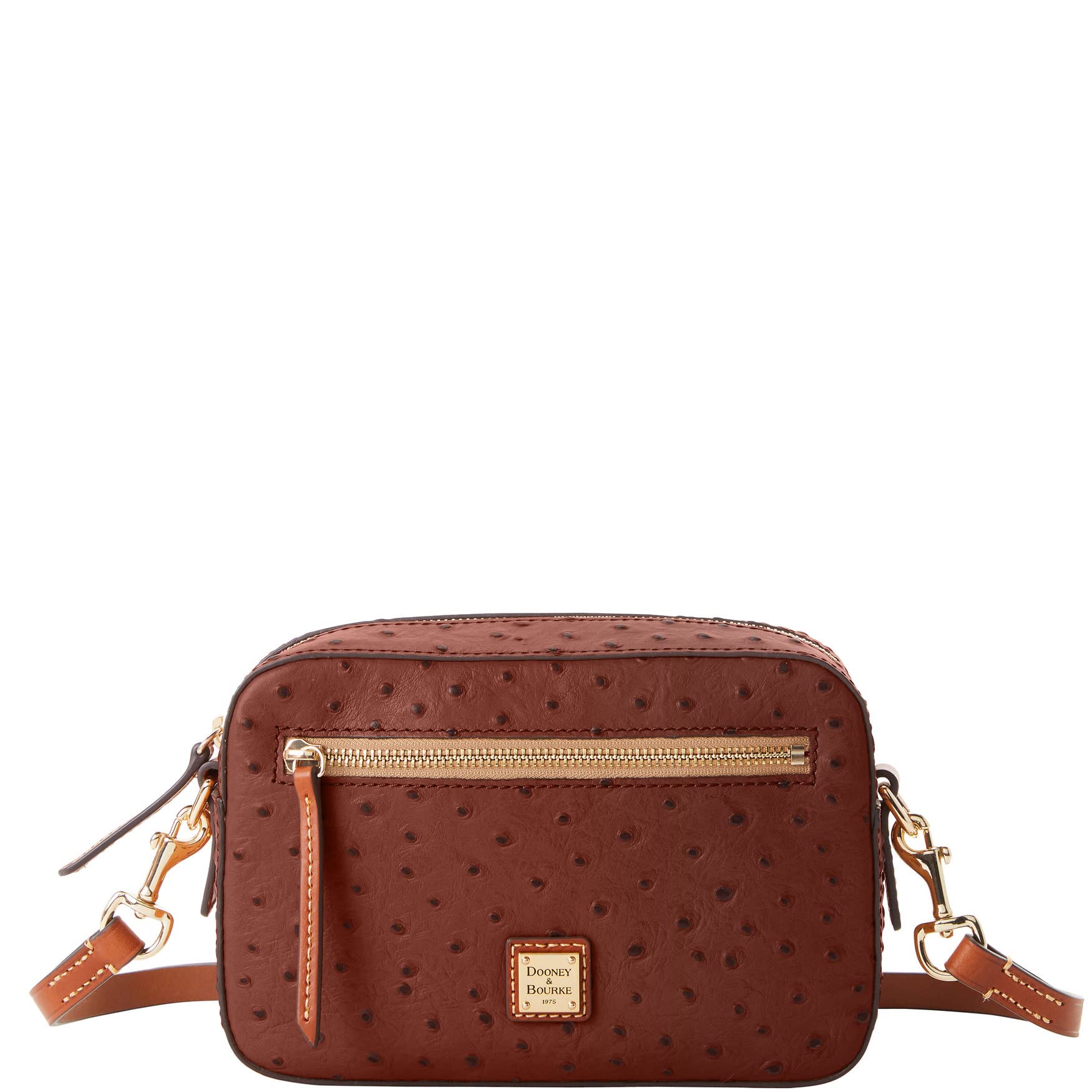 Dooney & Bourke Women's Light Taupe Ostrich Leather Camera Crossbody Bag with Zip Closure - Perfect for Travel, Shopping & Everyday Use