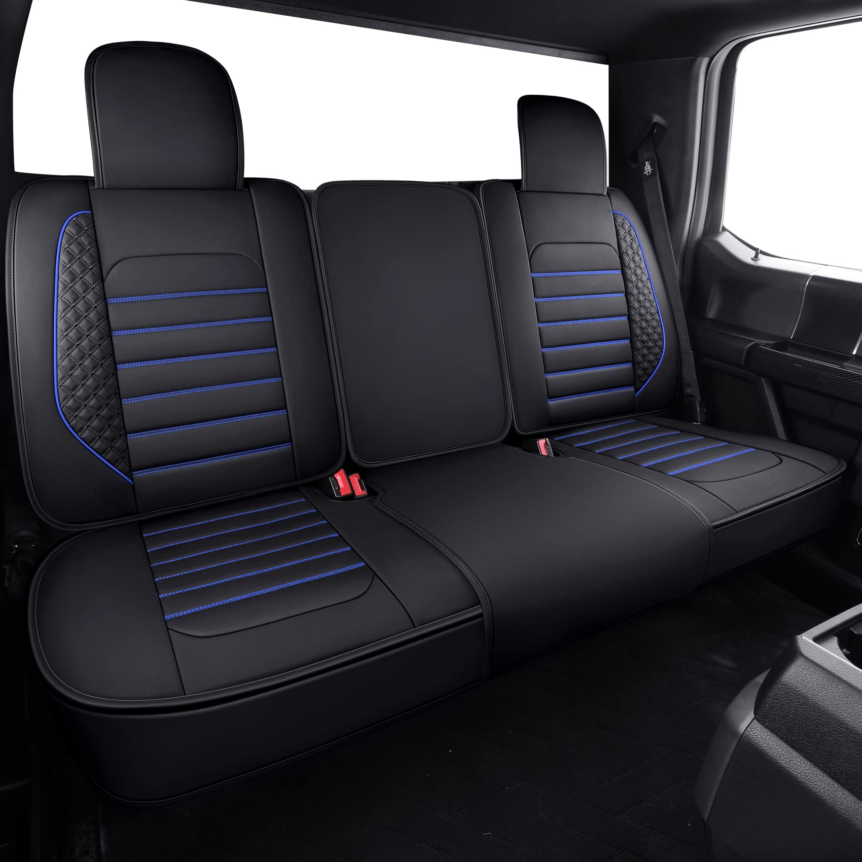 YIERTAI Waterproof Faux Leather Seat Covers - Full Set 5PC for 2009-2025 Ford F150, 2017-2025 F250 F350 F450 Limited & SuperCrew Pickup Trucks - Black & Blue Design - Perfect for Off-Roading, Daily Commute & Truck Protection