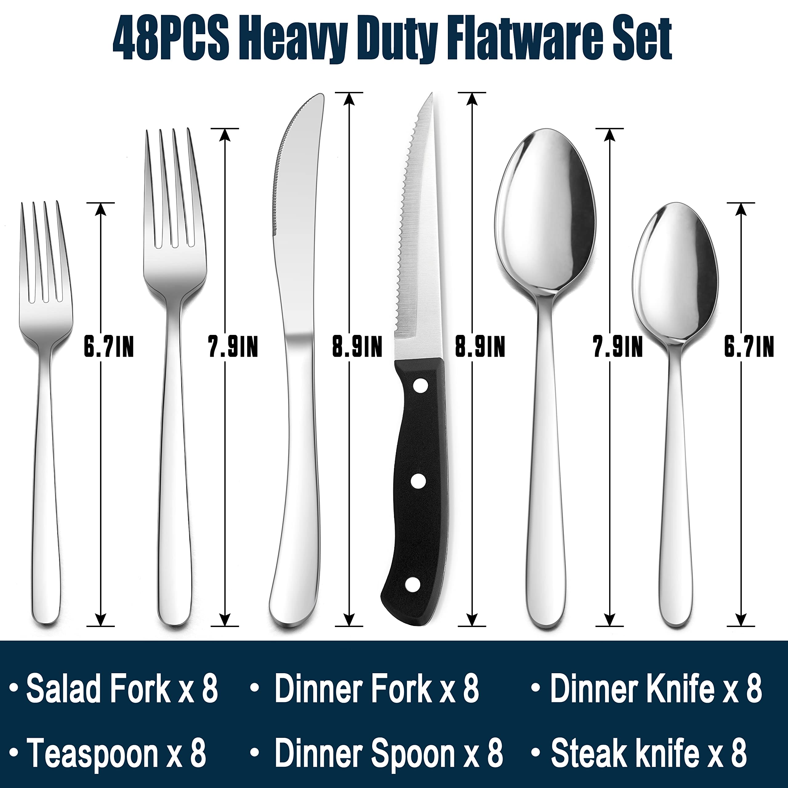 Premium 48-Piece Stainless Steel Flatware Set for 8 - Heavy Duty Silverware with Thick Steak Knives, Forks & Spoons - Elegant Cutlery for Home, Wedding & Parties - Dishwasher Safe - Perfect for Fine Dining, Entertaining & Everyday Use