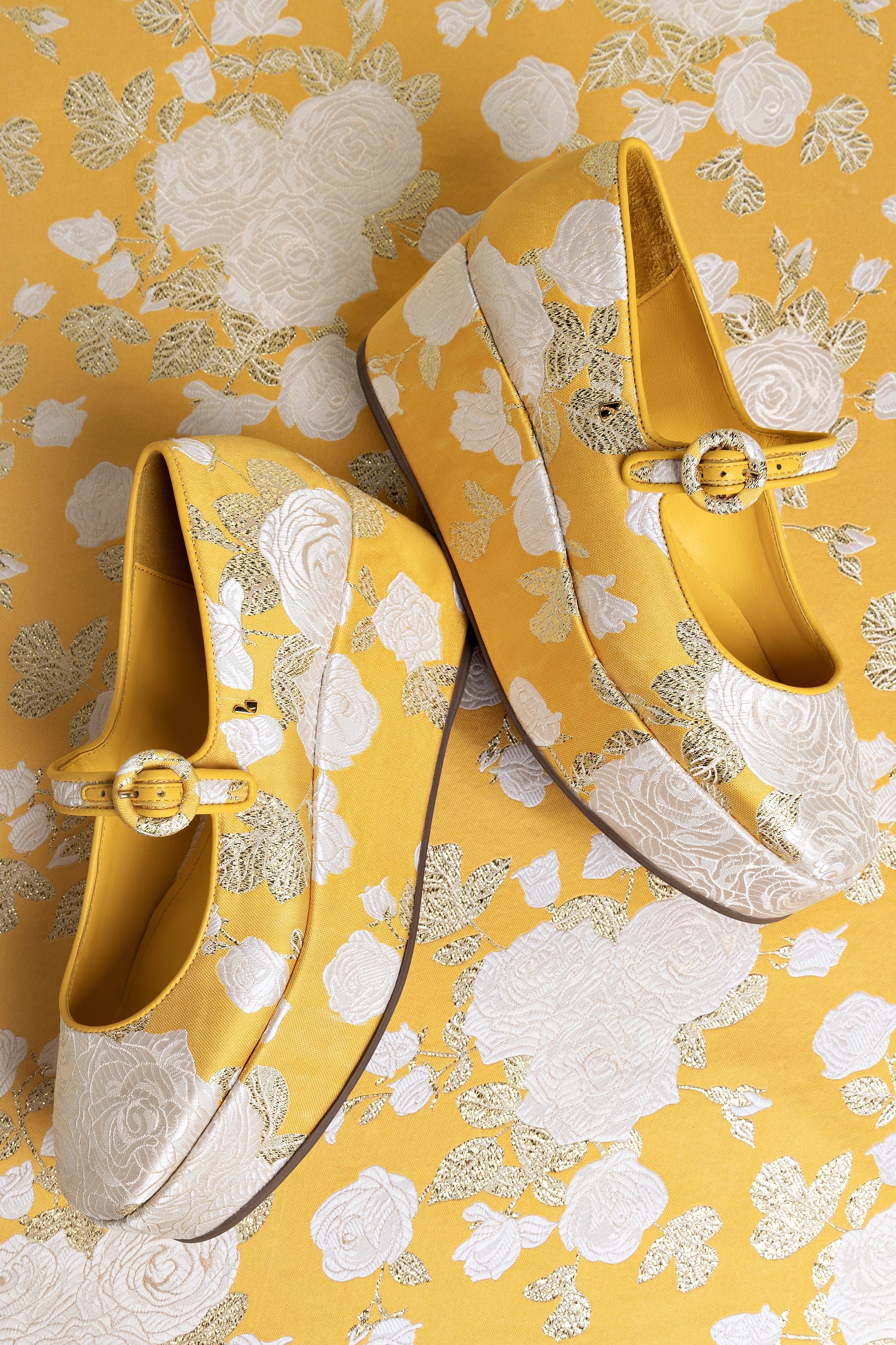 Larroudé x Markarian Blair Flatform Sandals in Yellow Floral Brocade - Women's Fashion Shoes for Summer Weddings & Beach Vacations