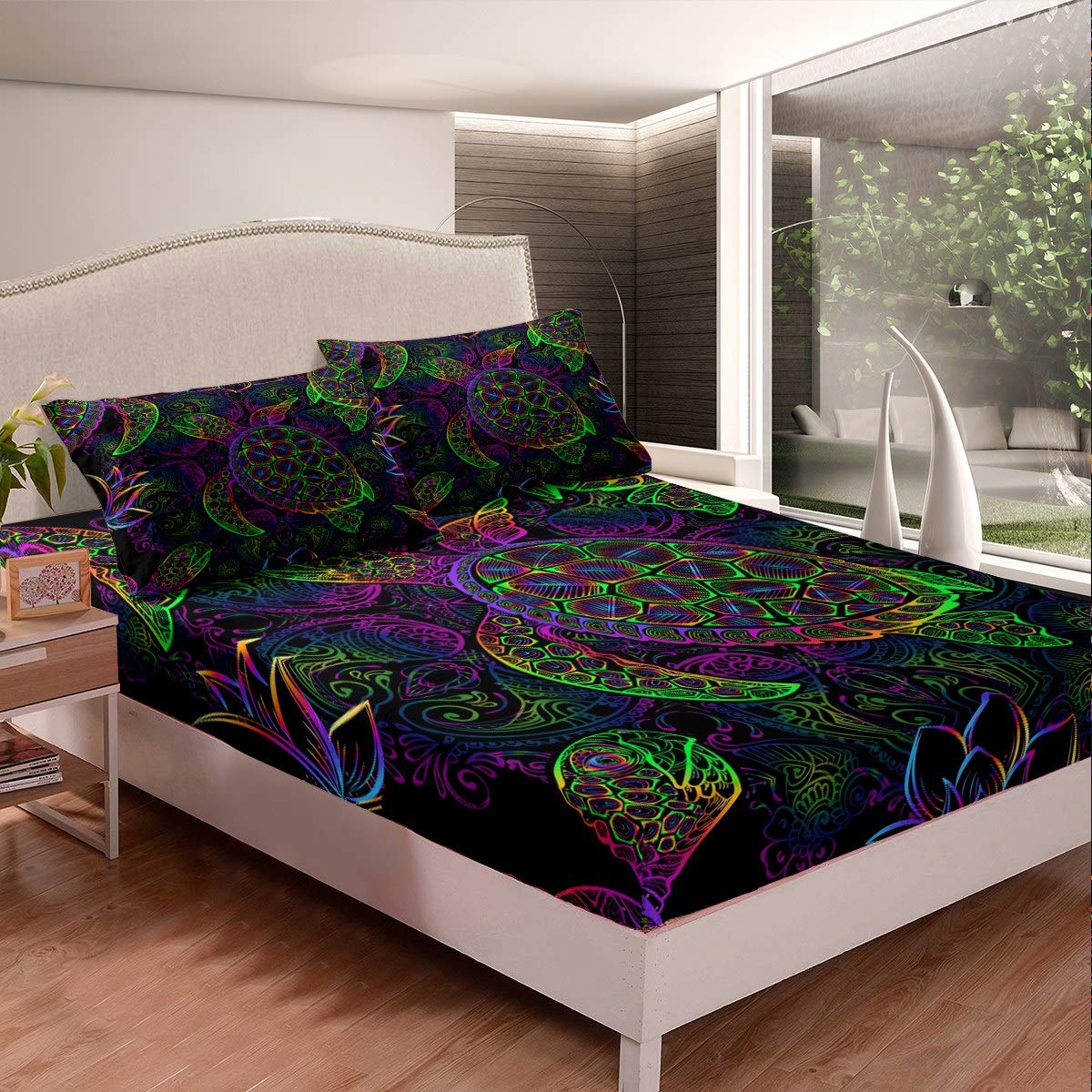 Feelyou Sea Turtle Fitted Sheet Set - Queen Size Ocean Creature Bedding with 2 Pillowcases, Boho Mandala Design for Coastal & Nautical Themed Bedrooms - Perfect for Beach House Decor, Kids Room or Underwater Theme Nursery