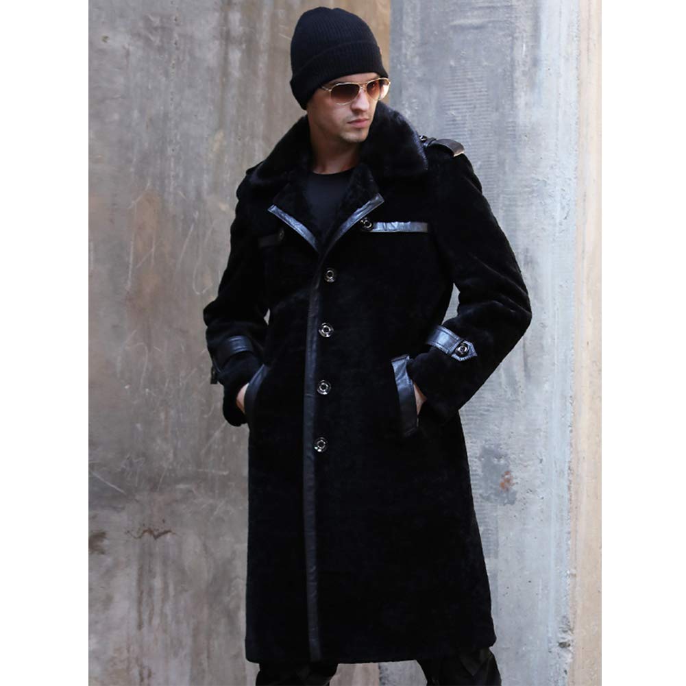 Men's Black Shearling Jacket - Genuine Sheepskin Leather Coat with Mink Fur Collar - Winter Long Trench Coat for Men - Perfect for Cold Weather, Outdoor Adventures & Stylish Urban Fashion