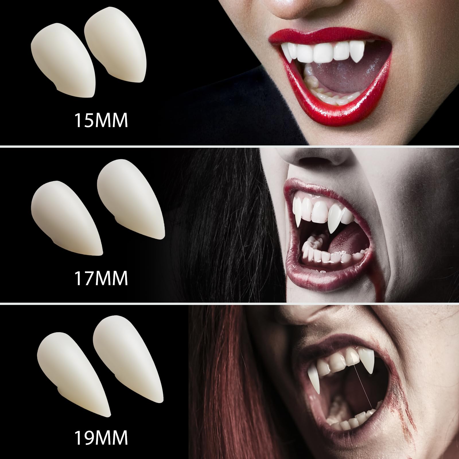 BLUECOW Vampire Teeth for Adults - 3 Pairs (15mm, 17mm, 19mm) Fake Fangs - Perfect for Halloween Costumes, Cosplay, and Horror Parties